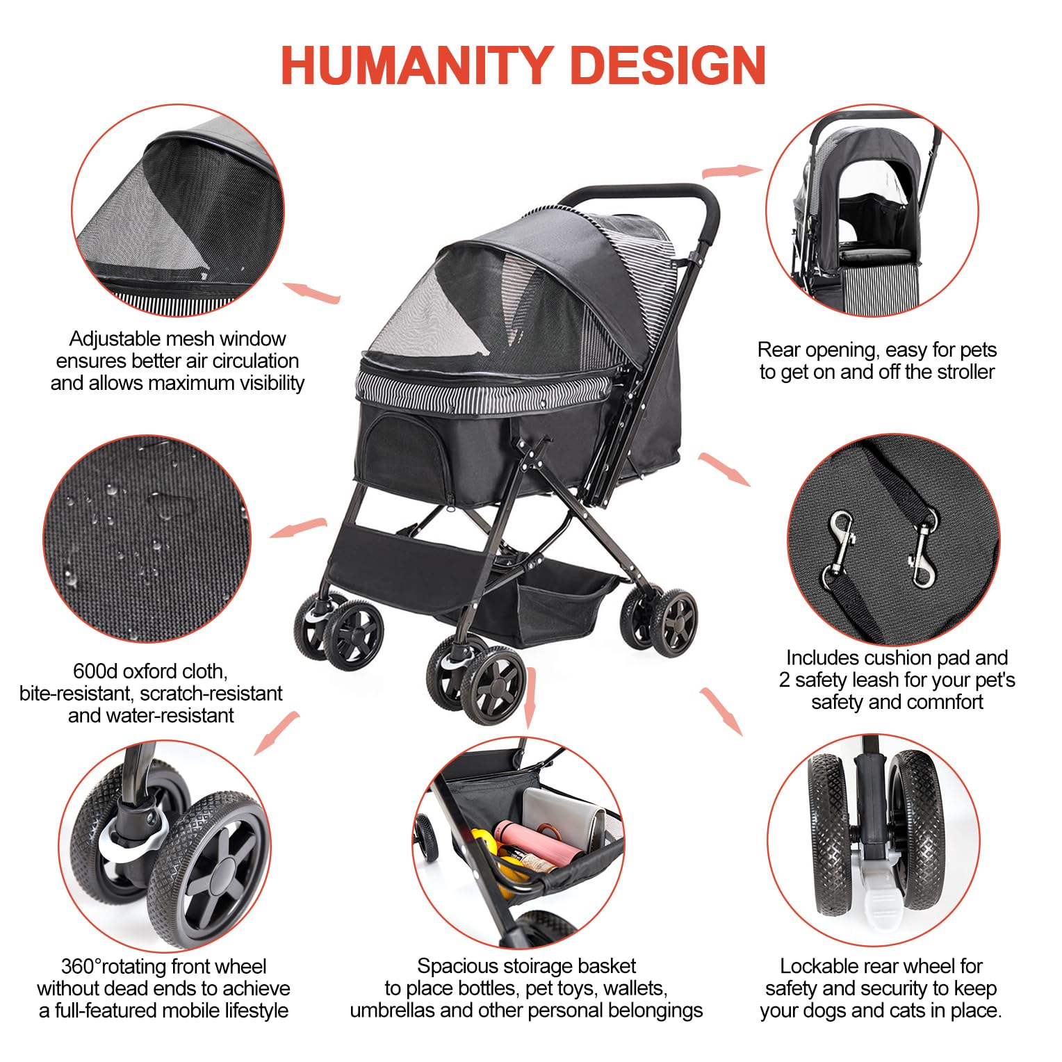 **Foldable Dog Stroller for Large & Medium Dogs & Cats - Reversible Handle, Large Storage Basket - Perfect for Travel, Walks & Vet Visits (Black)**