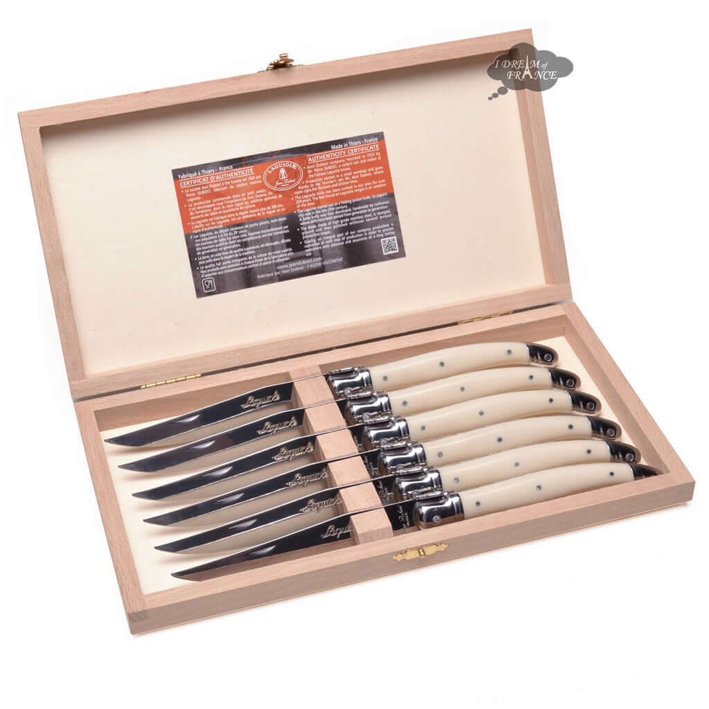 Premium Laguiole Jean Dubost 6-Piece Deluxe Table Knife Set with Faux Ivory Handles - Elegant Cutlery for Fine Dining & Dinner Parties