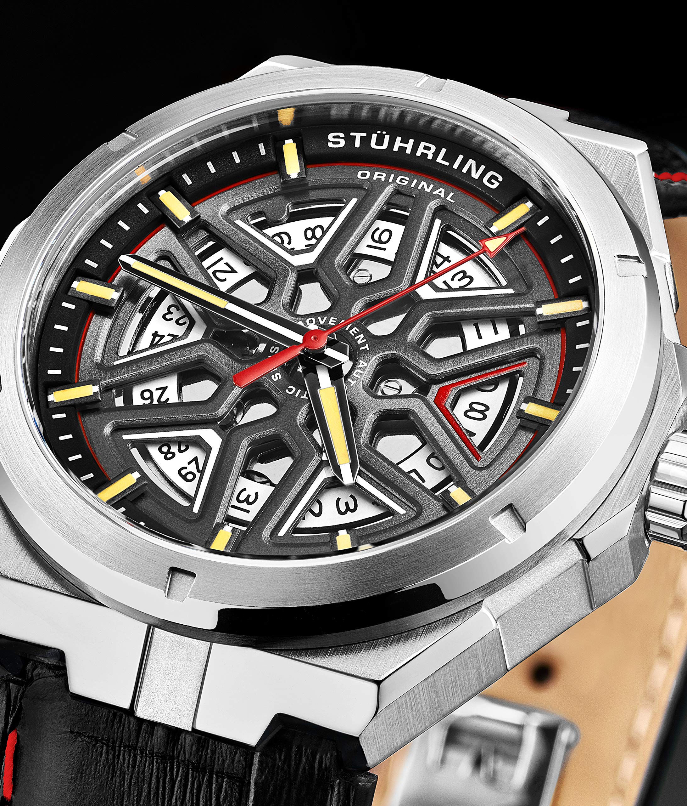 Stuhrling Original Men's Swiss Automatic Skeleton Watch - Self-Winding Mechanical Dress Watch with Genuine Leather Strap for Business & Formal Occasions