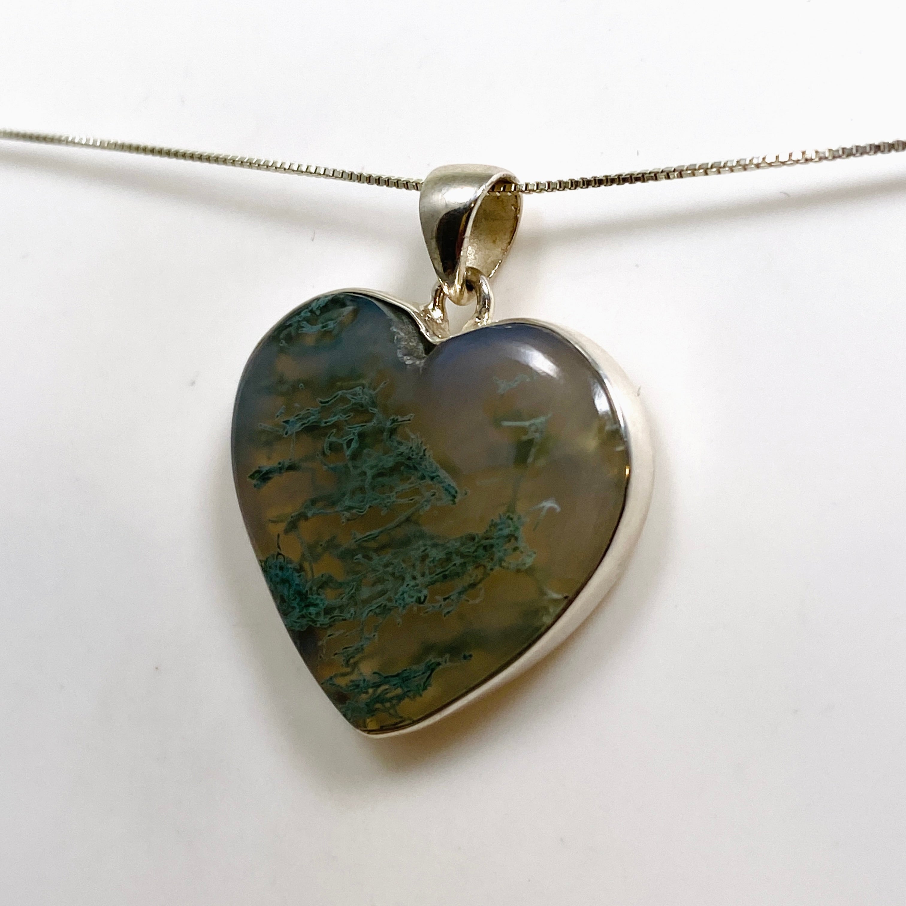 Natural Moss Agate Heart Cabochon Pendant Necklace - 925 Sterling Silver Jewelry for Women - Perfect for Valentine's Day, Anniversary & Spiritual Healing Gifts