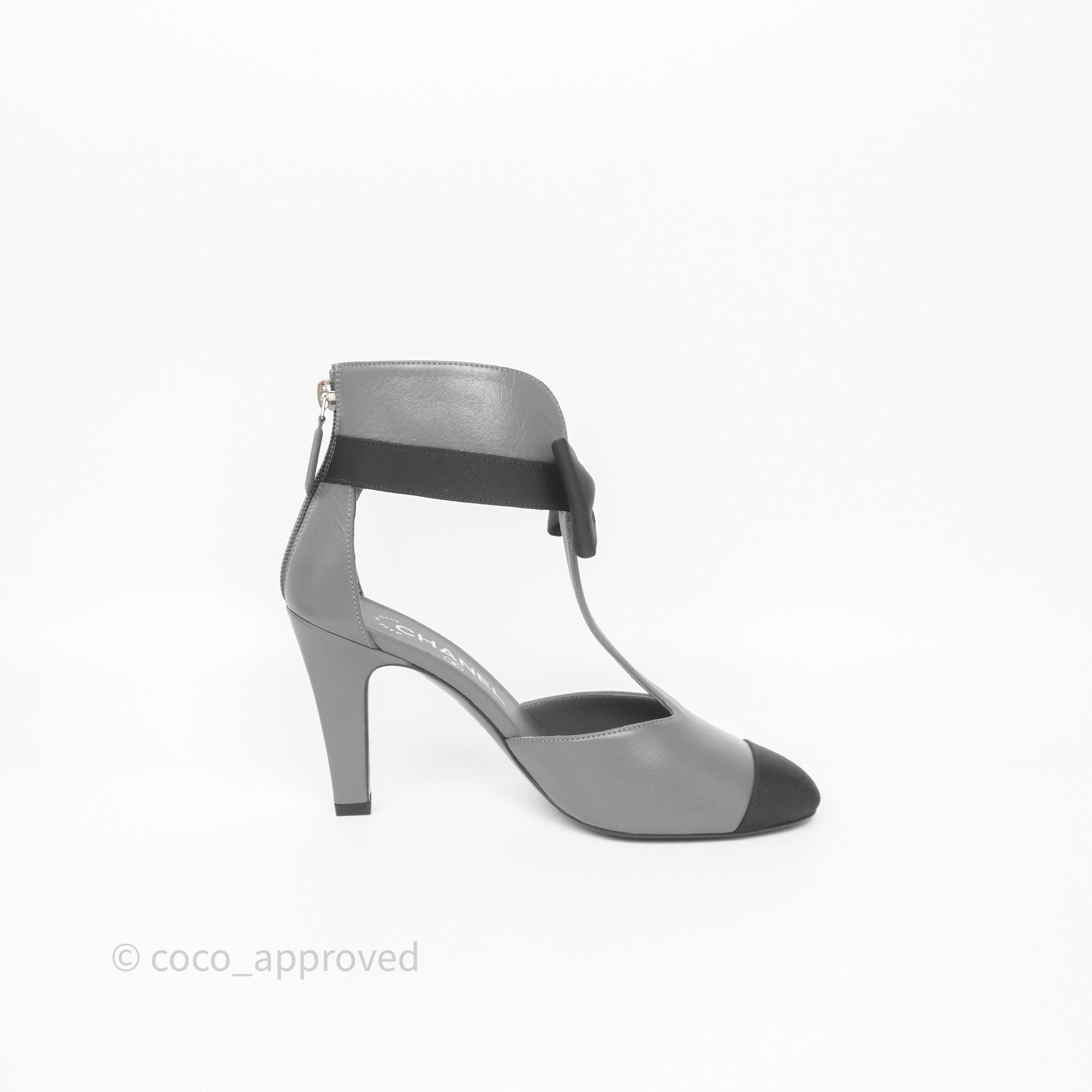 Chanel Cap Toe Bow Ankle Strap Sandals - Grey & Black Lambskin Leather - Perfect for Summer Weddings & Evening Events