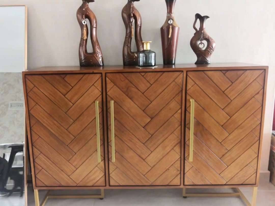 PAUL Herringbone Acacia Solid Wood Sideboard Cabinet - Rustic Farmhouse Buffet Storage for Dining Room, Living Room & Entryway