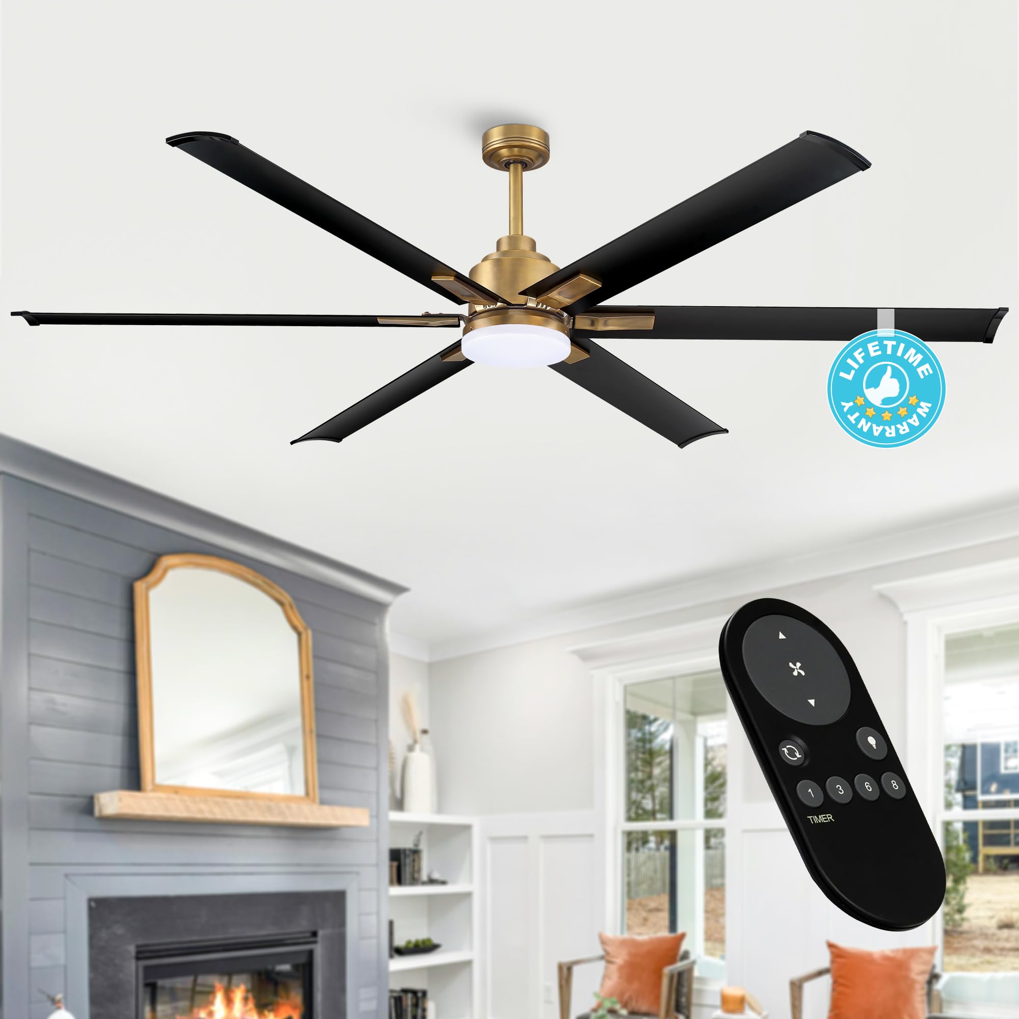 72 Inch Black and Gold Ceiling Fan with Lights and Remote - DC Motor Reversible 6 Blades for Living Room, Shop, Industrial & Outdoor Use - Energy Efficient LED Lighting & Brass Finish - Perfect for Home, Office, and Patio Cooling