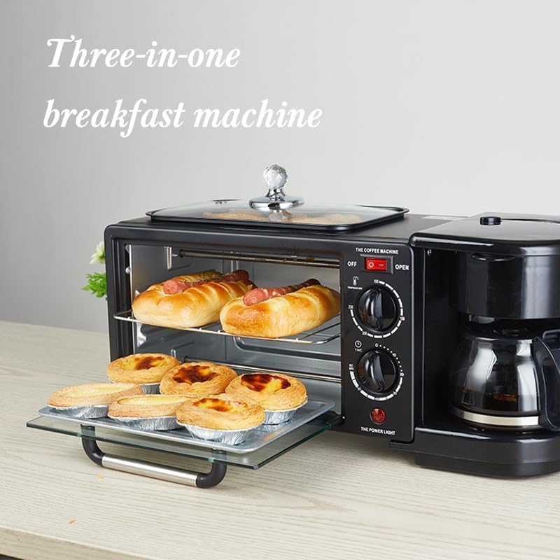3-in-1 Breakfast Station with Timer - Toaster, Frying Pan & Coffee Maker - Compact Portable Oven for Small Kitchens, Apartments & Dorms - Perfect for Quick Breakfasts, Camping & Office Use