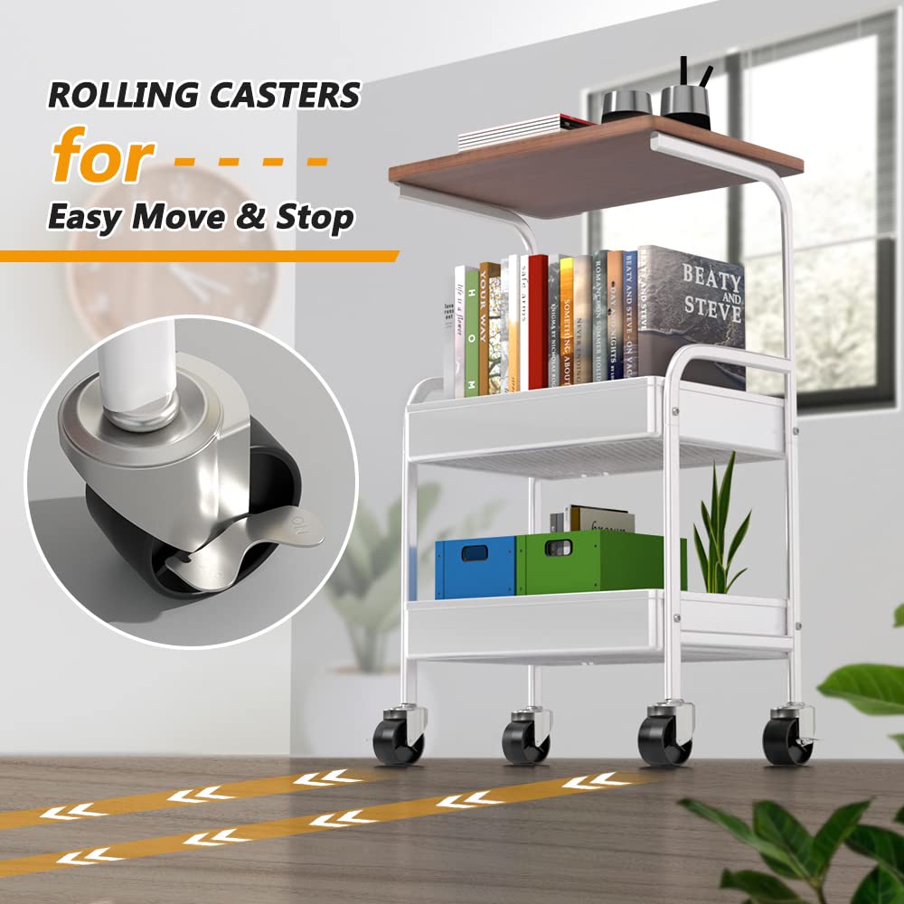 3-Tier Rolling Utility Cart with Wooden Tabletop & Lockable Wheels - Metal Storage Organizer for Kitchen, Office, Bedroom - Perfect for Mobile Workstation, Pantry Organization & Home Decor (White)