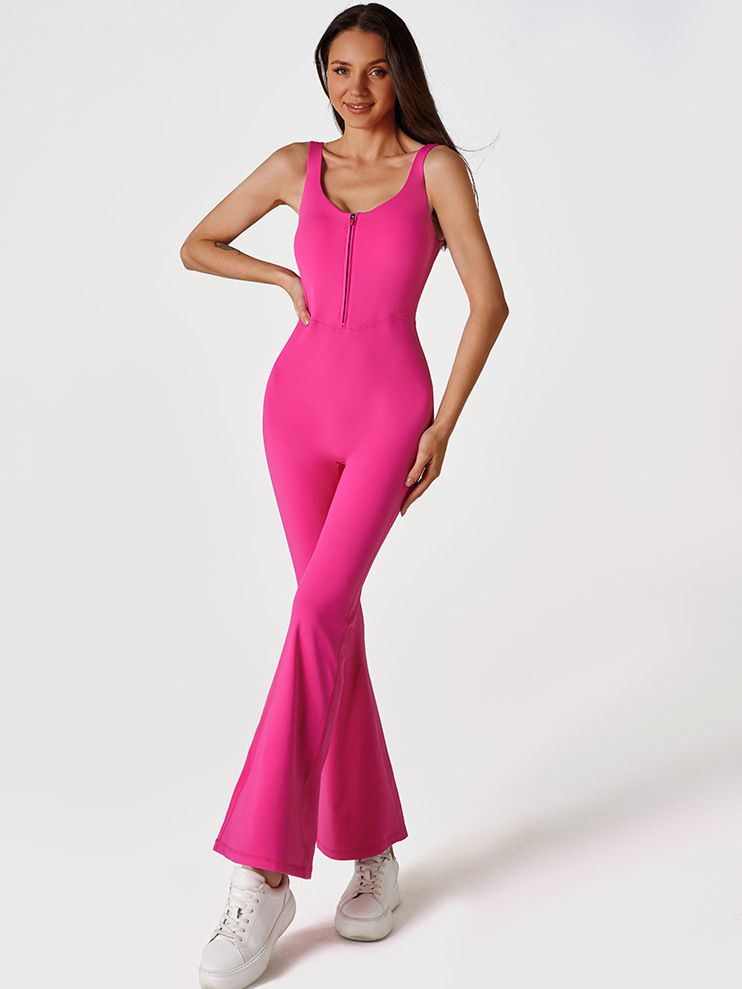 ZASUWA Women's Solid Color Zipper Flare Seamless Jumpsuit - Stylish One-Piece Romper for Casual Wear, Night Out & Party Outfits