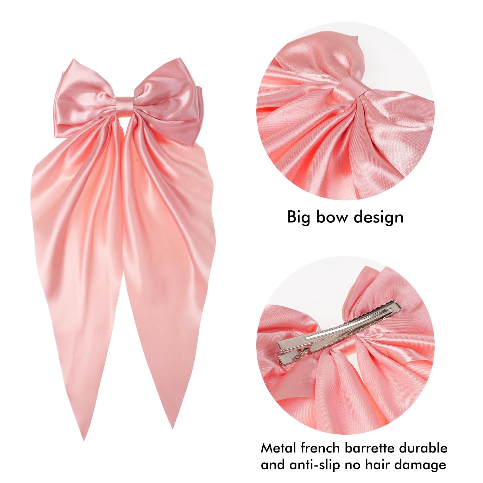 6PCS Large Bow Hair Clips for Women - Silky Satin Hair Bows with Long Tail - Elegant Hair Accessories for Women & Girls - Perfect for Weddings, Parties & Daily Styling