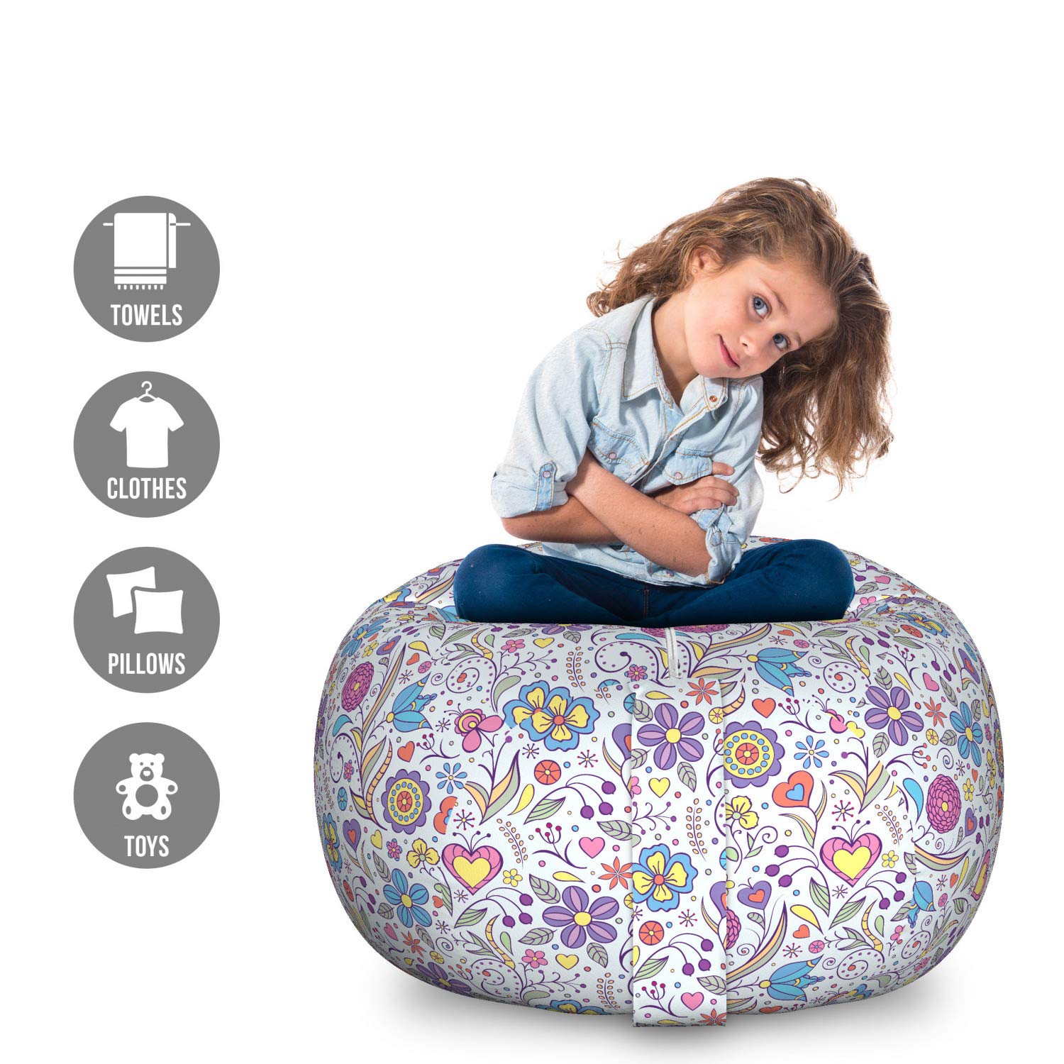 Ambesonne Pastel Storage Toy Bag Chair - Large Washable Organizer with Peonies, Daisies & Tulips Floral Design | Stuffed Animal Storage | Kids Room Decor, Nursery Organization & Playroom Storage Solution