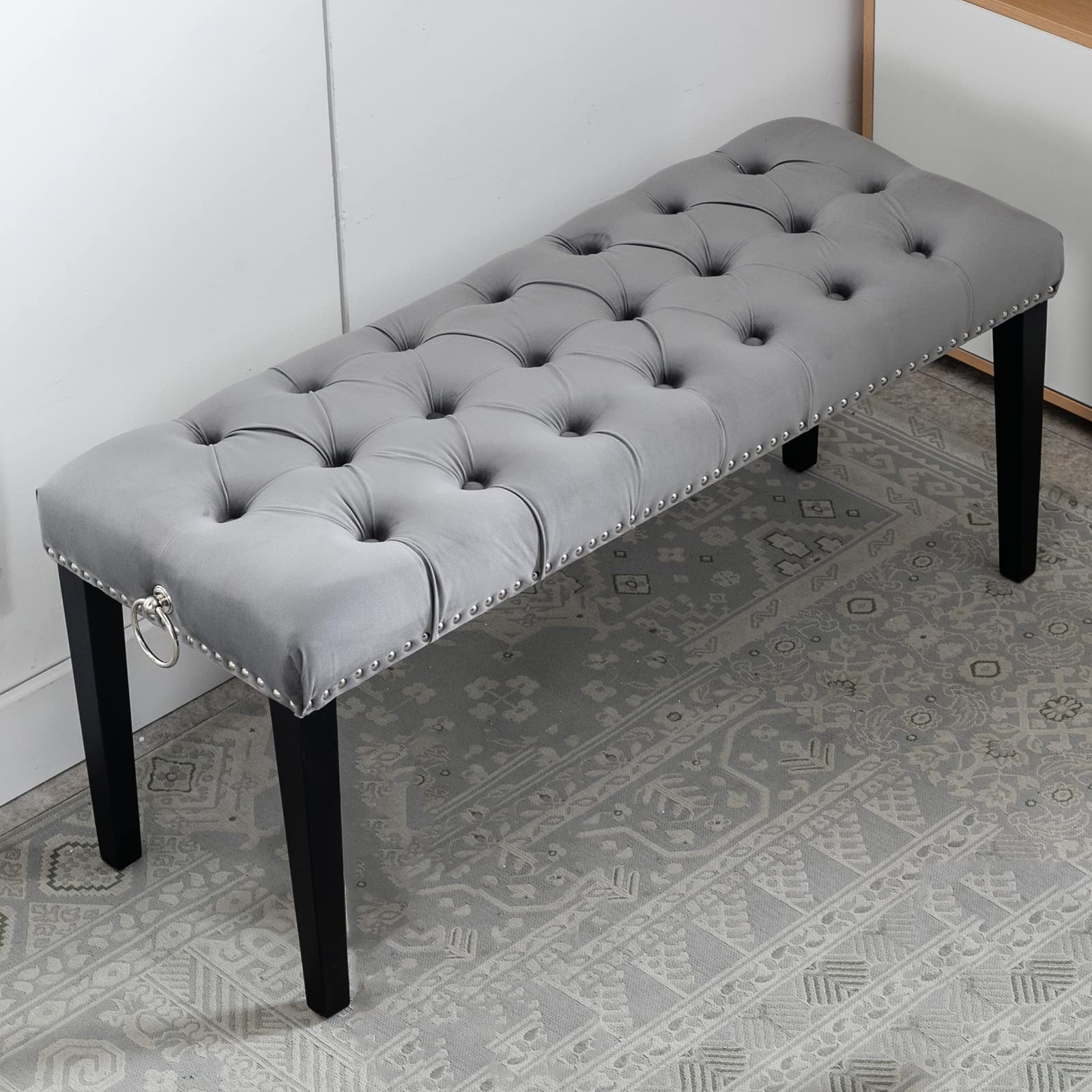 HEAH-YO Modern Velvet Upholstered Dining Bench with Pull Rings - Grey Entryway Stool for Bedroom, Kitchen & Dining Table | Perfect for Seating, Decor & Small Space Living