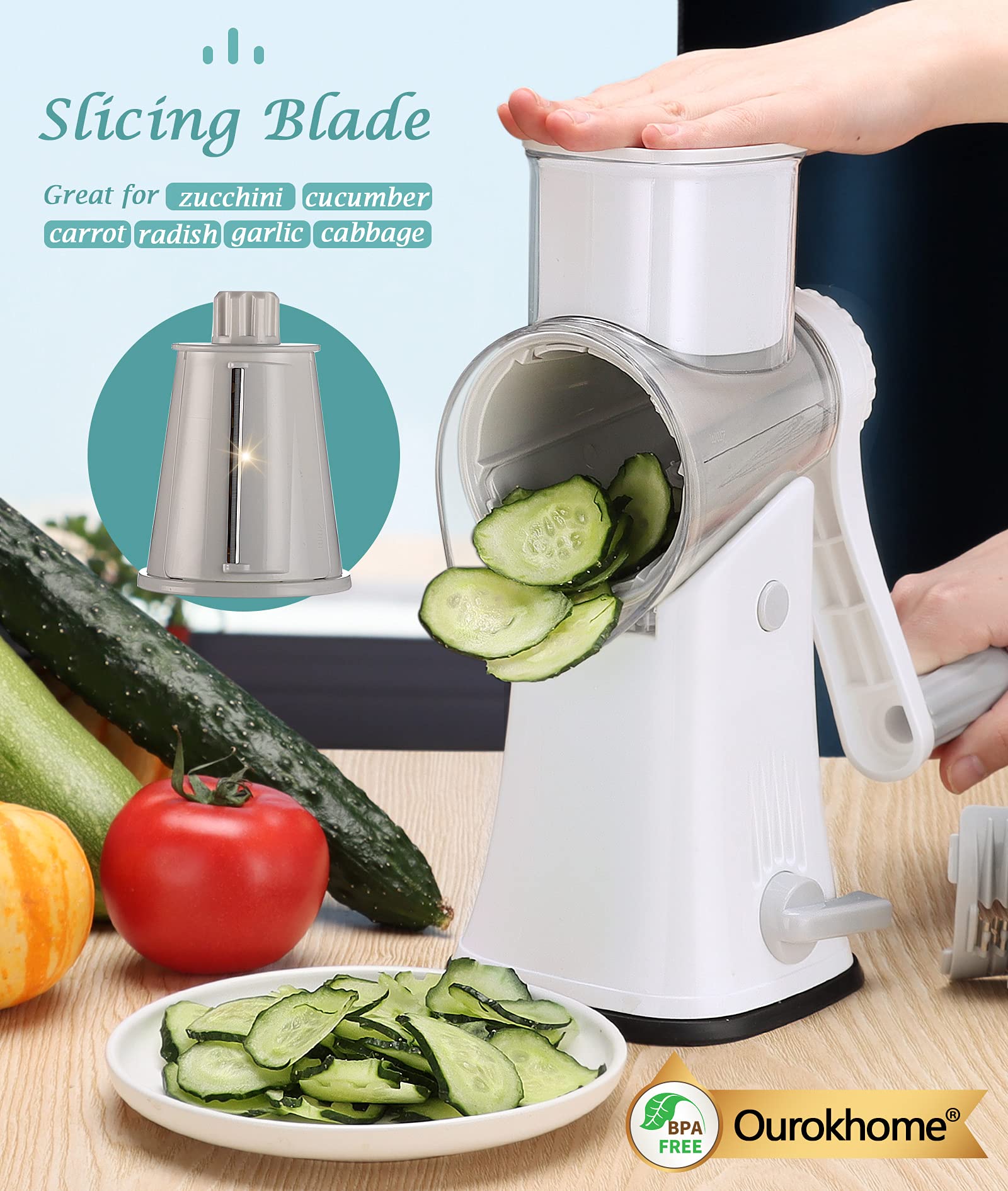5-in-1 Rotary Cheese Grater Shredder - Manual Kitchen Mandolin Slicer for Cheese, Vegetables, Nuts & More | Perfect for Grating Parmesan, Shredding Carrots, Slicing Cucumbers & Making Hash Browns | Ideal for Home Cooking, Meal Prep & Salad Making