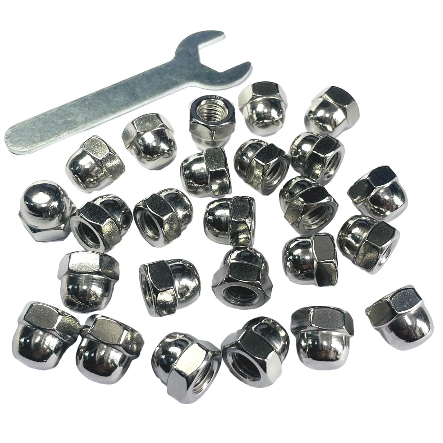25pcs 3/8-16 Acorn Cap Nuts, 304 Stainless Steel Dome Head Hex Nuts with Bright Finish - Heavy Duty Hardware for Automotive, Machinery & DIY Projects - Includes Open End Wrench for Easy Installation