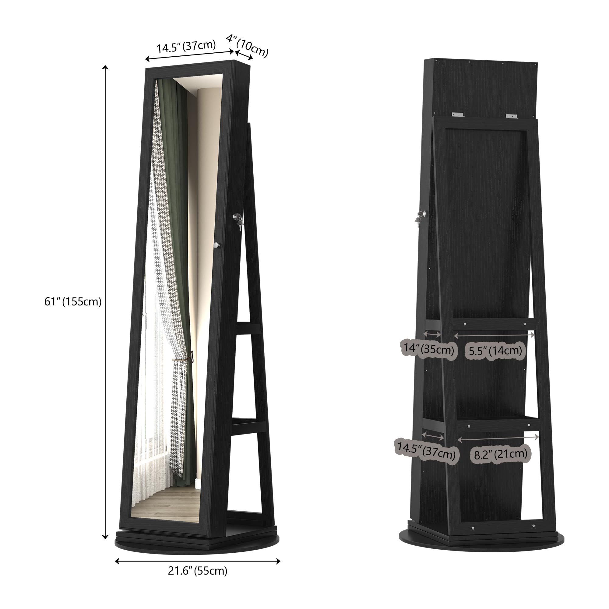 360° Swivel LED Jewelry Cabinet with Full Length Mirror - Jewelry Organizer & Storage Armoire, Farmhouse Style Lighted Vanity Mirror for Bedroom & Dressing Room (Coal Black) | Perfect for Jewelry Display, Makeup & Outfit Coordination