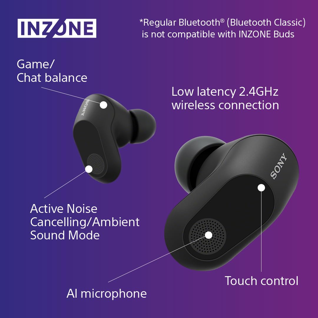 Sony INZONE Buds - True Wireless Gaming Earbuds with 360 Spatial Sound, Lightweight Design & Active Noise Cancelling | AI Microphone, 24hr Battery, Low Latency Dongle | PC & PS5 Compatible - Black | Perfect for Competitive Gaming, Immersive Audio & Travel Use