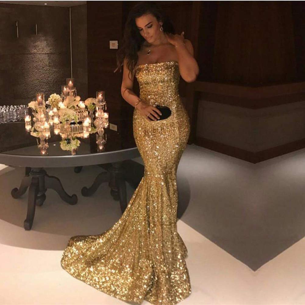 Lemai Women's Long Mermaid Sequins Strapless Corset Formal Evening Prom Dresses - Elegant Gown for Wedding, Party, Ball, Homecoming & Special Occasions