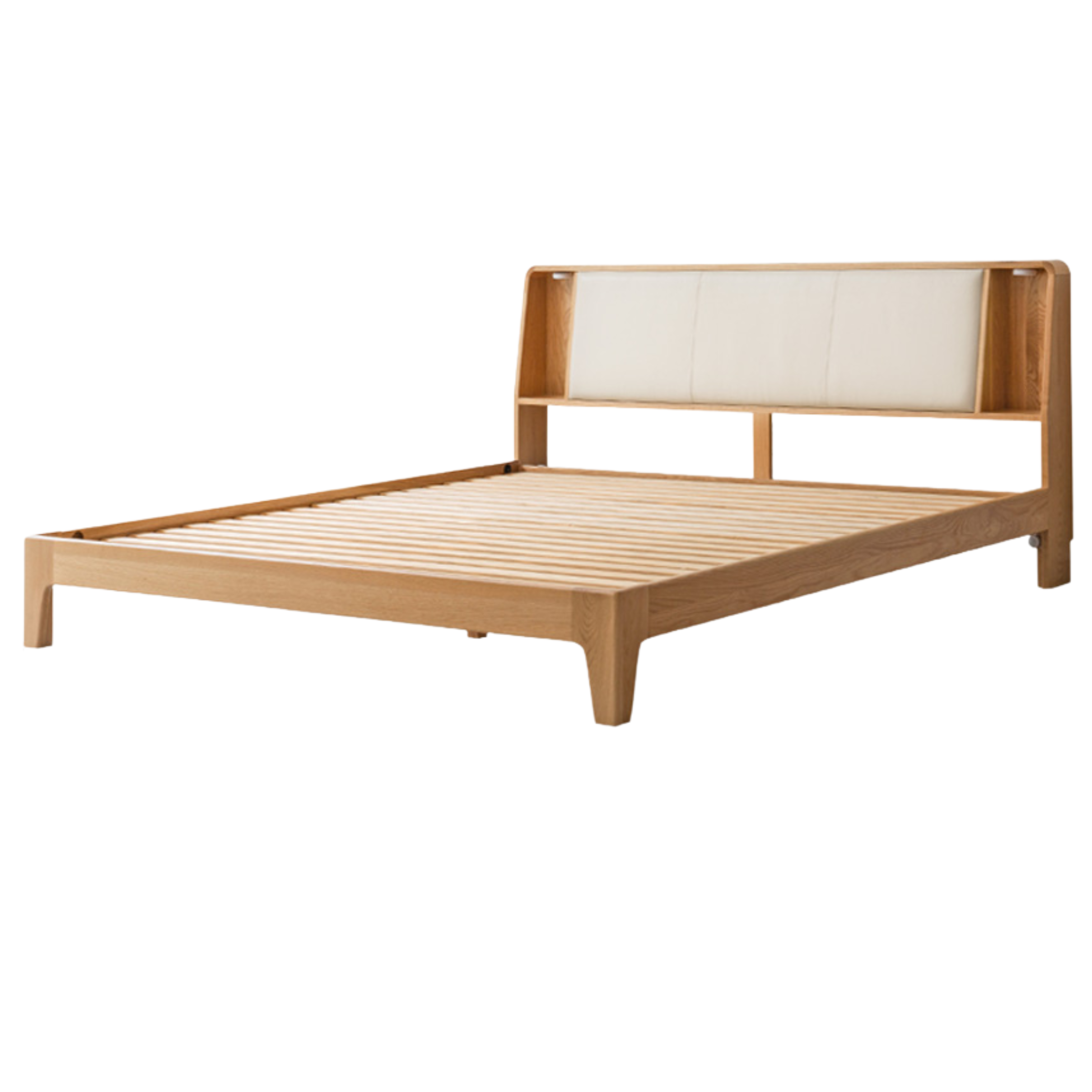Solid Oak Wood Leather & Fabric Luminous Bed with Shelf - Modern Platform Bed Frame with Storage for Bedroom, Guest Room, or Dorm