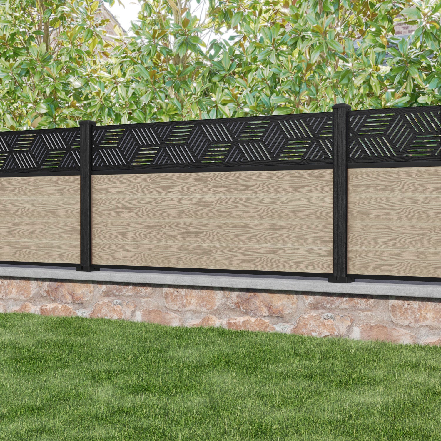 Classic Cubed Fence Panel Light Oak Composite Wood Privacy Fence - Durable Weather-Resistant Outdoor Garden Fence for Backyard, Patio, and Pool Areas