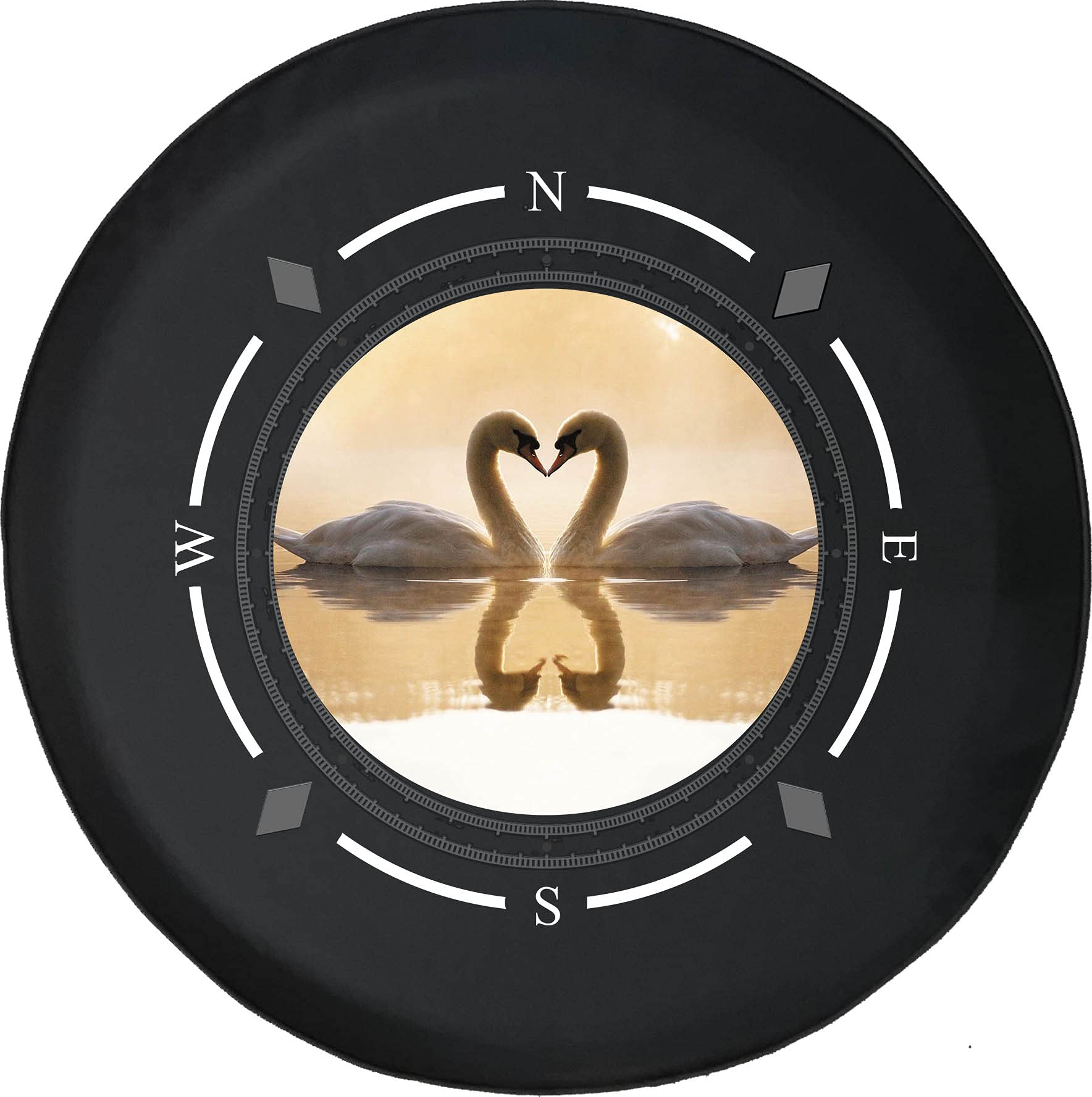 American Unlimited Spare Tire Cover with Compass & Swan Kissing Design - Universal Fit for SUV, Trailer, RV & Most Vehicles | Durable Wheel Protection for Outdoor Adventures & Road Trips