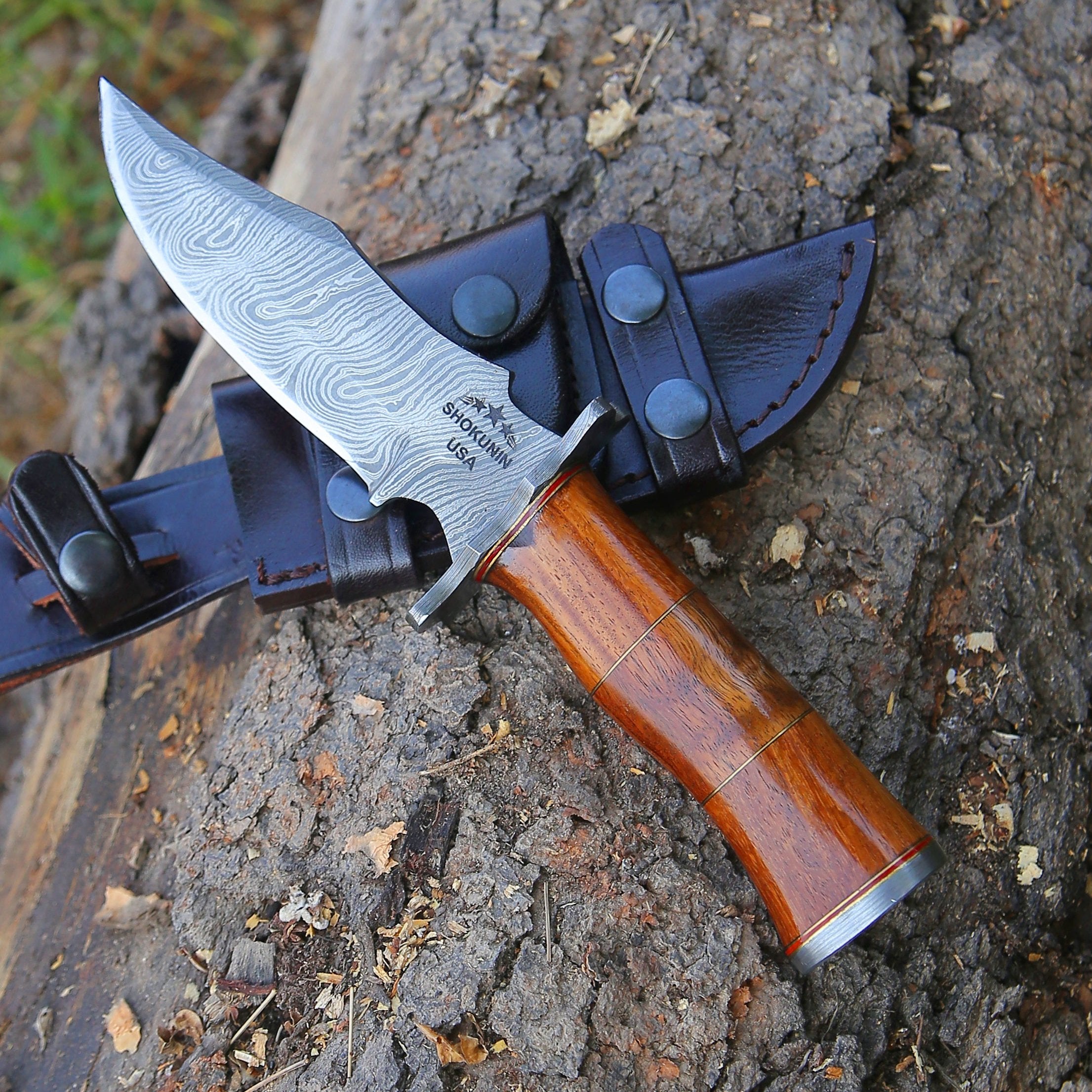 Premium Damascus Steel Hunting Knife - Handcrafted with Exotic Rosewood Handle & Leather Sheath | Ideal for Outdoor Adventures, Camping, and Survival Gear