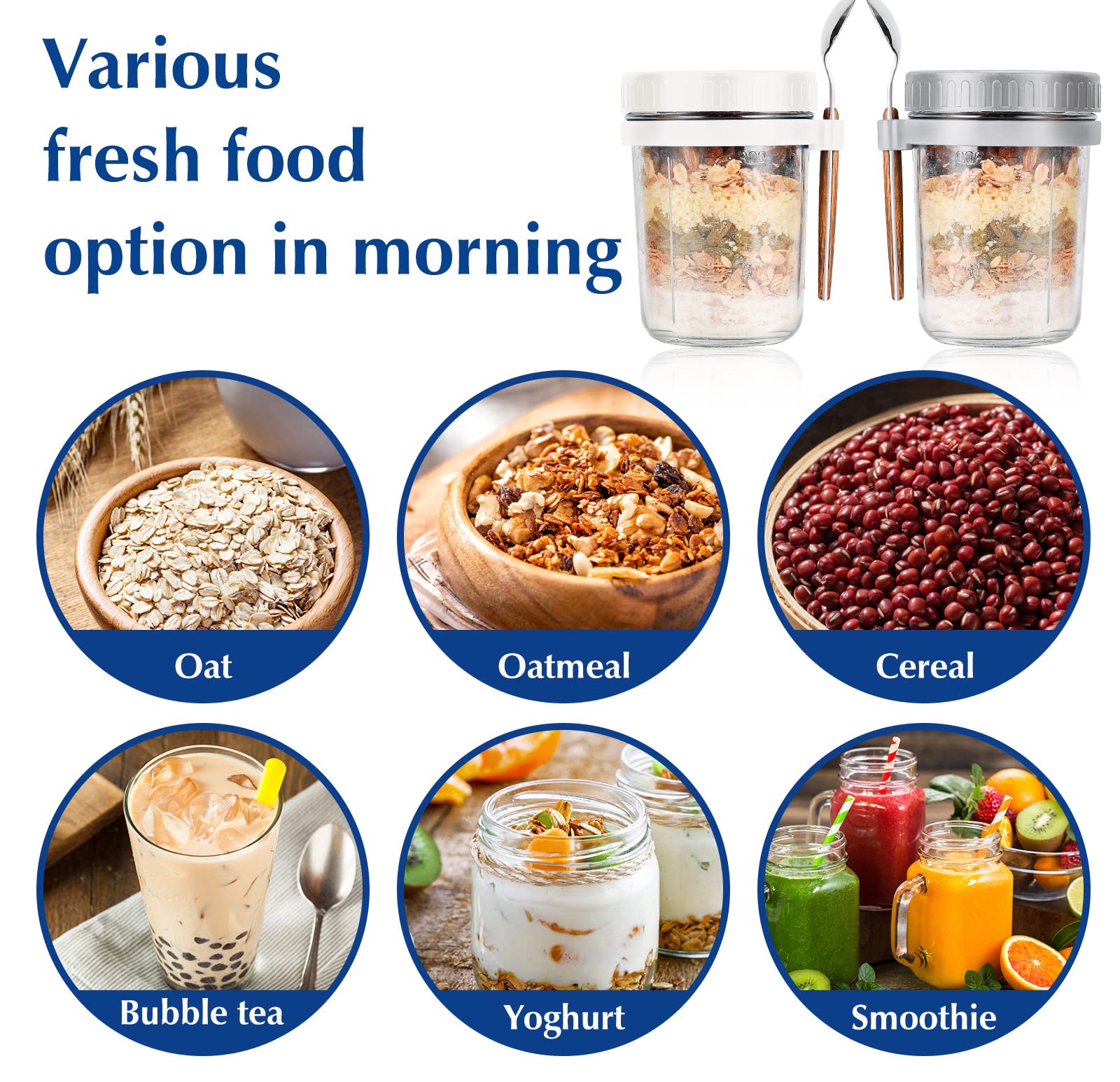 16 oz Overnight Oats Jars with Lid & Spoon - BPA-Free Meal Prep Containers for Cereal, Yogurt, Fruit Salad - Measuring Marks for Perfect Portions (White/Grey) | Ideal for Breakfast Meal Prep, Office Lunches & Healthy Snacks On-The-Go