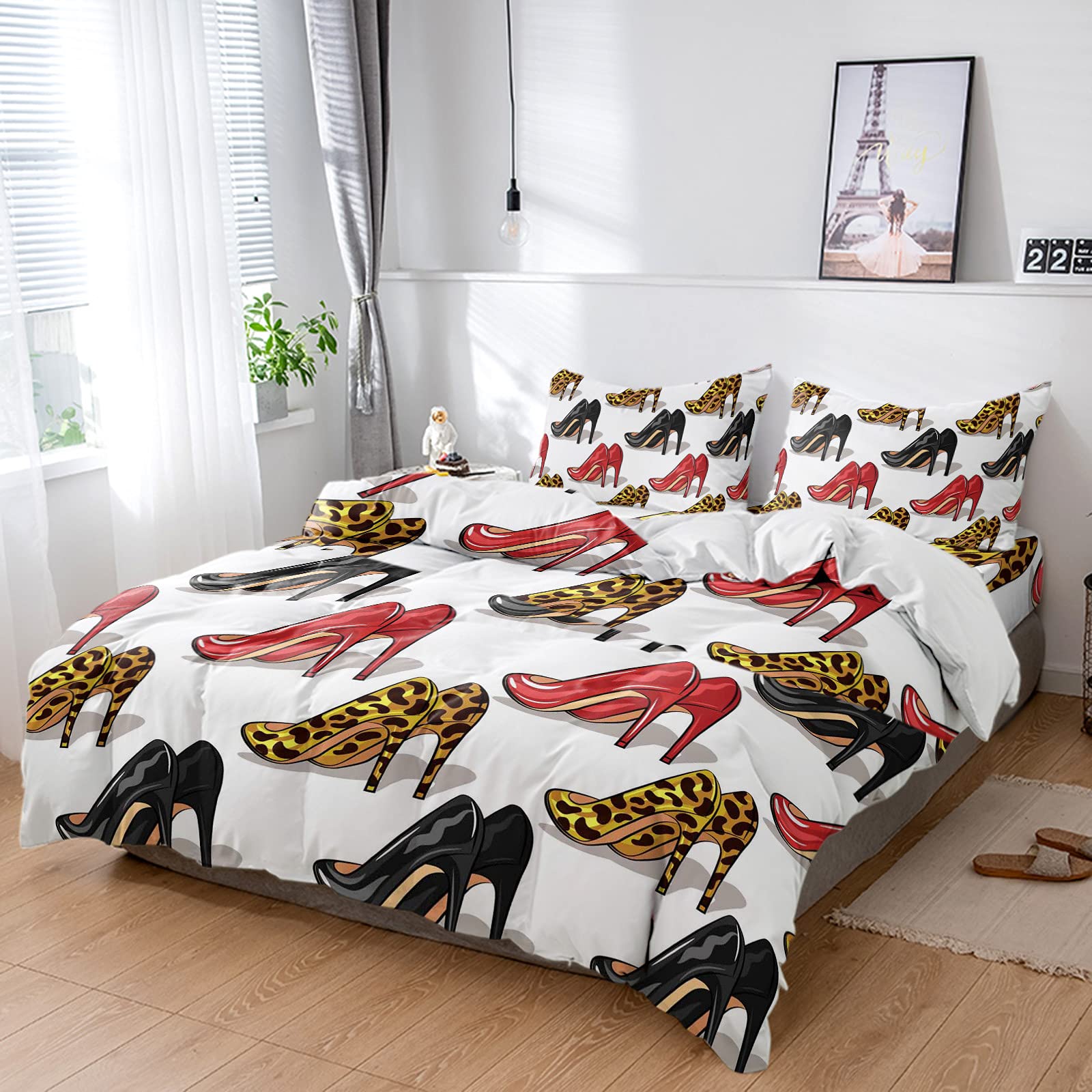 Z&L Home 4-Piece Soft Duvet Cover Set - Leopard & High Heels Print Bedding with Flat Sheet & Decorative Pillow Shams for Teen Girls, Boys, Men & Women - Red & Black Bedroom Decor - Perfect for Modern Bedrooms, Dorm Rooms & Guest Rooms