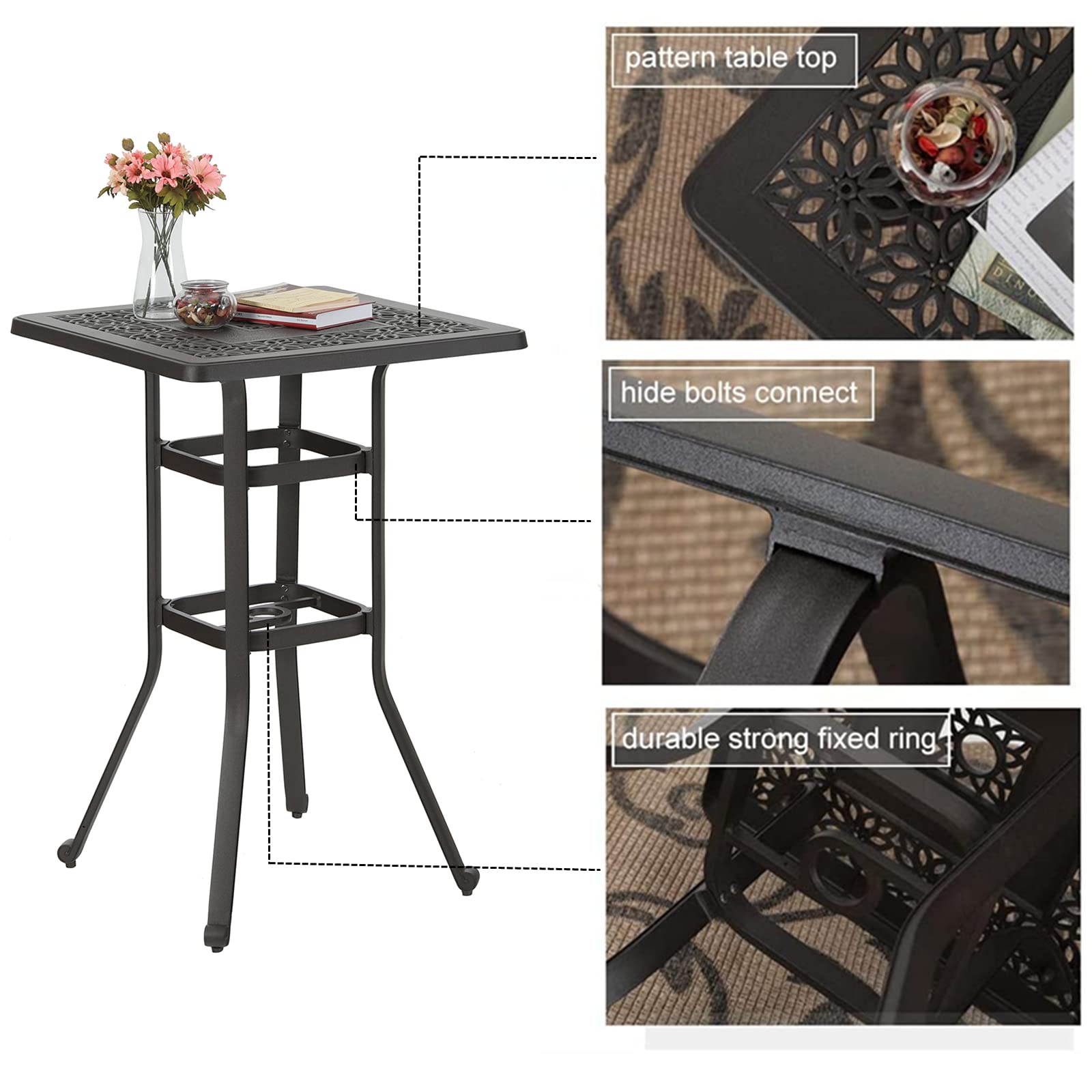 MFSTUDIO 27.5 Inch Square Cast Aluminum Bar Height Patio Table - 42 Inch Tall Outdoor Dining Table with 1.75 Inch Umbrella Hole - Perfect for Bistro, Backyard, Poolside, Garden, Deck, and Outdoor Entertaining - Brown