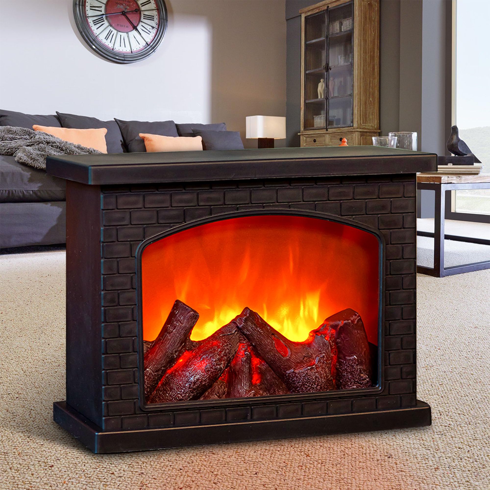 LED Fireplace Lanterns - Battery Operated & USB Rechargeable Fake Fireplace with Realistic Flame Effect - Indoor/Outdoor Christmas Decor for Home, Patio, Wedding, Party (Black, No Heater)