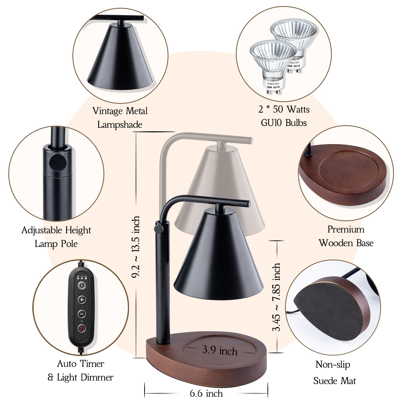 Black Candle Warmer Lamp with Timer - Adjustable Height Electric Candle Melter for Home Decor, Romantic Ambiance & Aesthetic Gifts for Women - Perfect for Bedroom, Bathroom, Living Room & Spa Relaxation