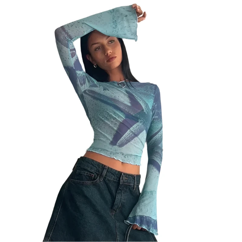Abstract Blue Print Graphic T-Shirts for Women & Girls | Y2K Fashion Frill Mesh Sheer Flare Sleeve Crop Tops | Perfect for Concerts, Parties & Streetwear Outfits