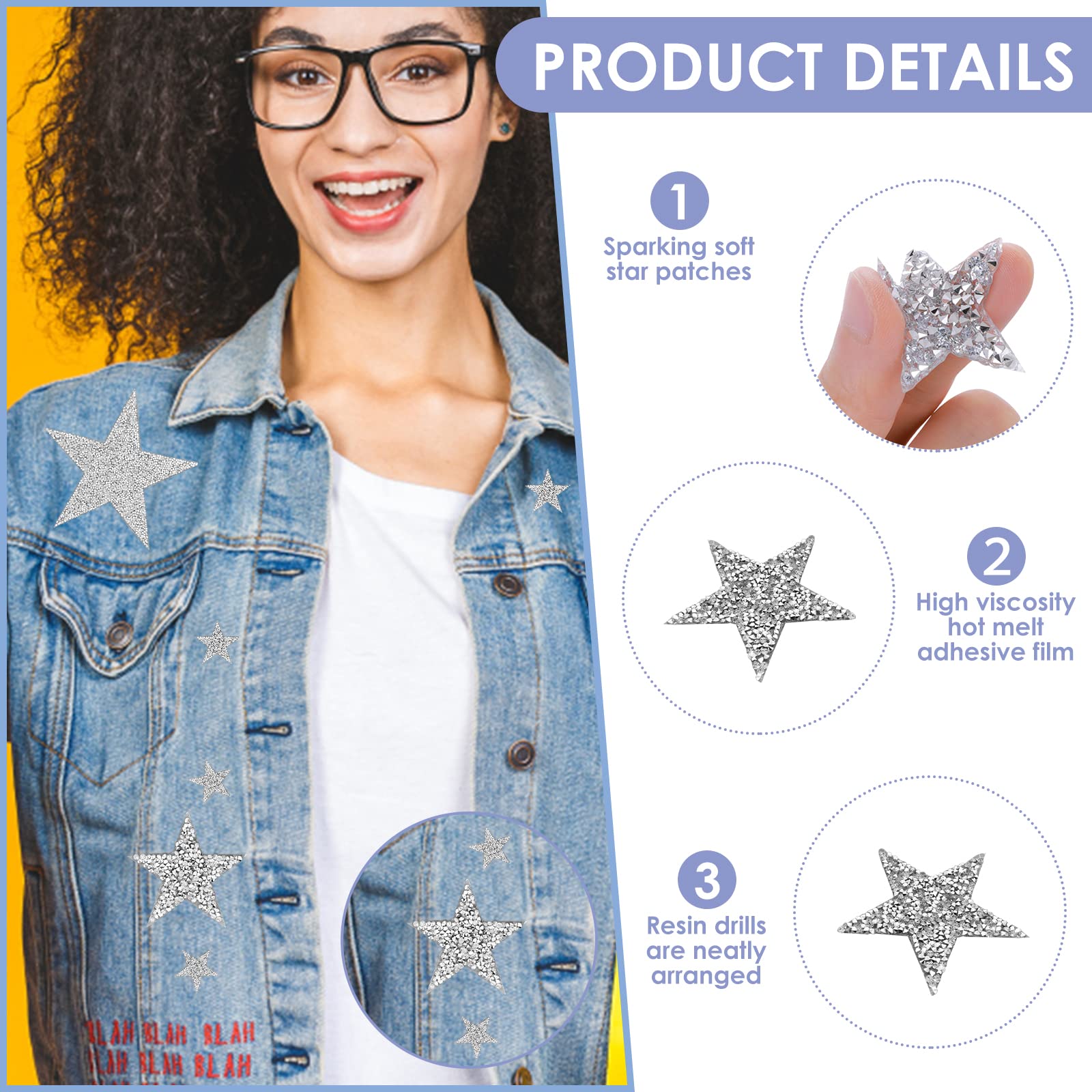 32 Pcs Silver Iron-On Star Rhinestone Patches - 5 Sizes Self-Adhesive Bling Appliques for Clothes, Jeans & Shoes Repair & Decoration - Perfect for DIY Fashion, Costume Design & Embellishments