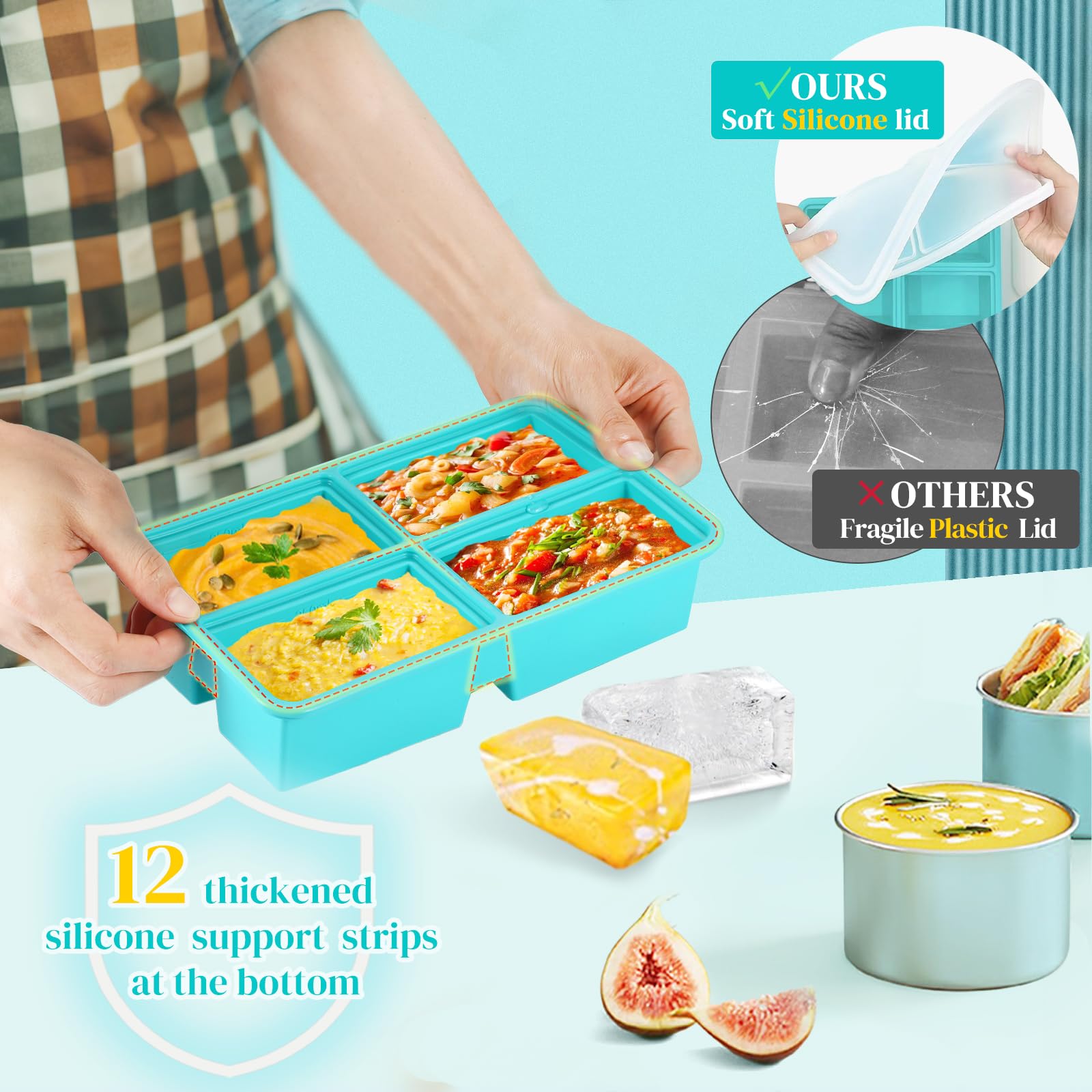 Silicone Freezer Trays with Lid - 1 Cup BPA-Free Soup Freezer Molds for Soup, Sauce, Broth & Leftovers - Reusable Silicone Ice Cube Trays (2 Pack) - Perfect for Meal Prep, Baby Food Storage & Kitchen Organization