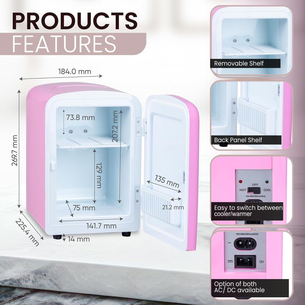 ROCKWELL 4L Retro Mini Fridge and Warmer - Portable Thermoelectric Cooler & Warmer for Skincare, Cosmetics, Medicine, Drinks & Snacks - AC/DC Power - Perfect for Bedroom, Office, Dorm & Travel - Pink