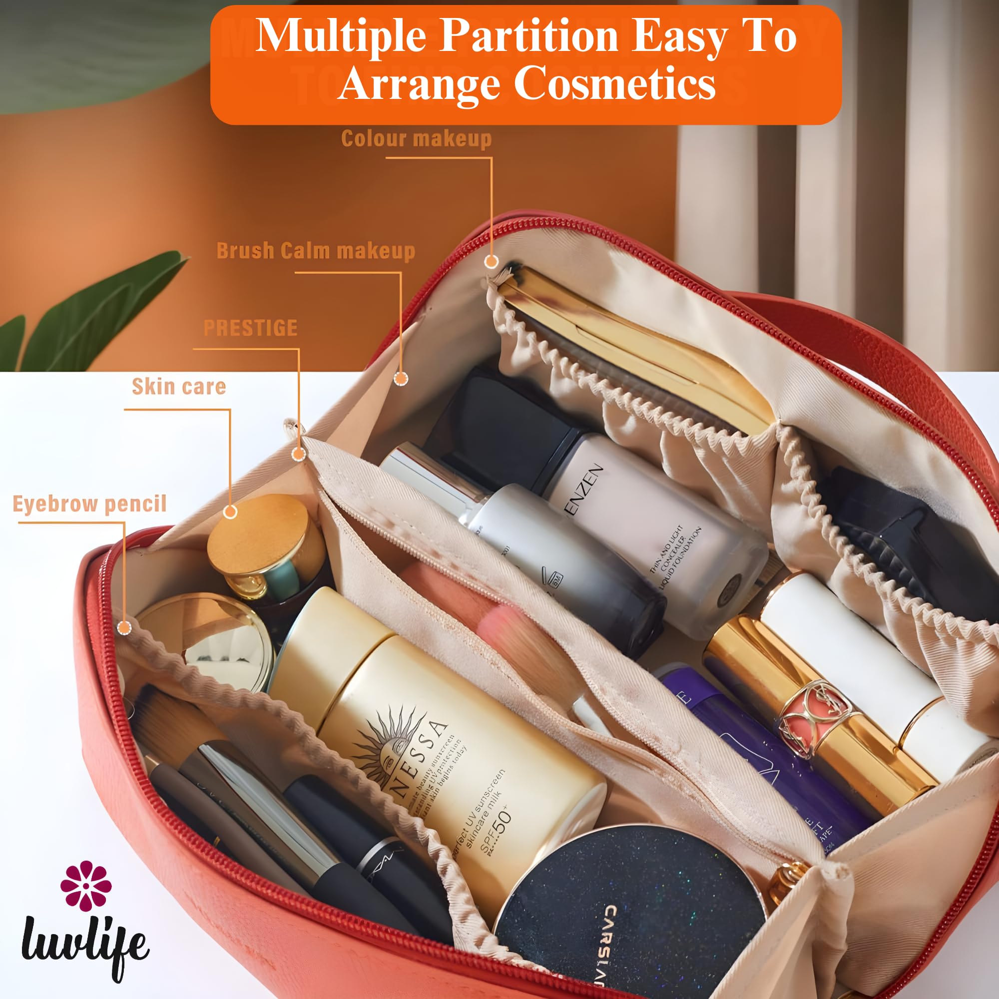 LuvLife Large Capacity Vegan Leather Cosmetic Travel Bag for Women & Girls - Portable Makeup Pouch with Wide Opening, Handle & Divider - Perfect for Toiletries Storage (12cm, Orange) - Includes Free E-Book - Ideal for Travel, Gym & Everyday Use