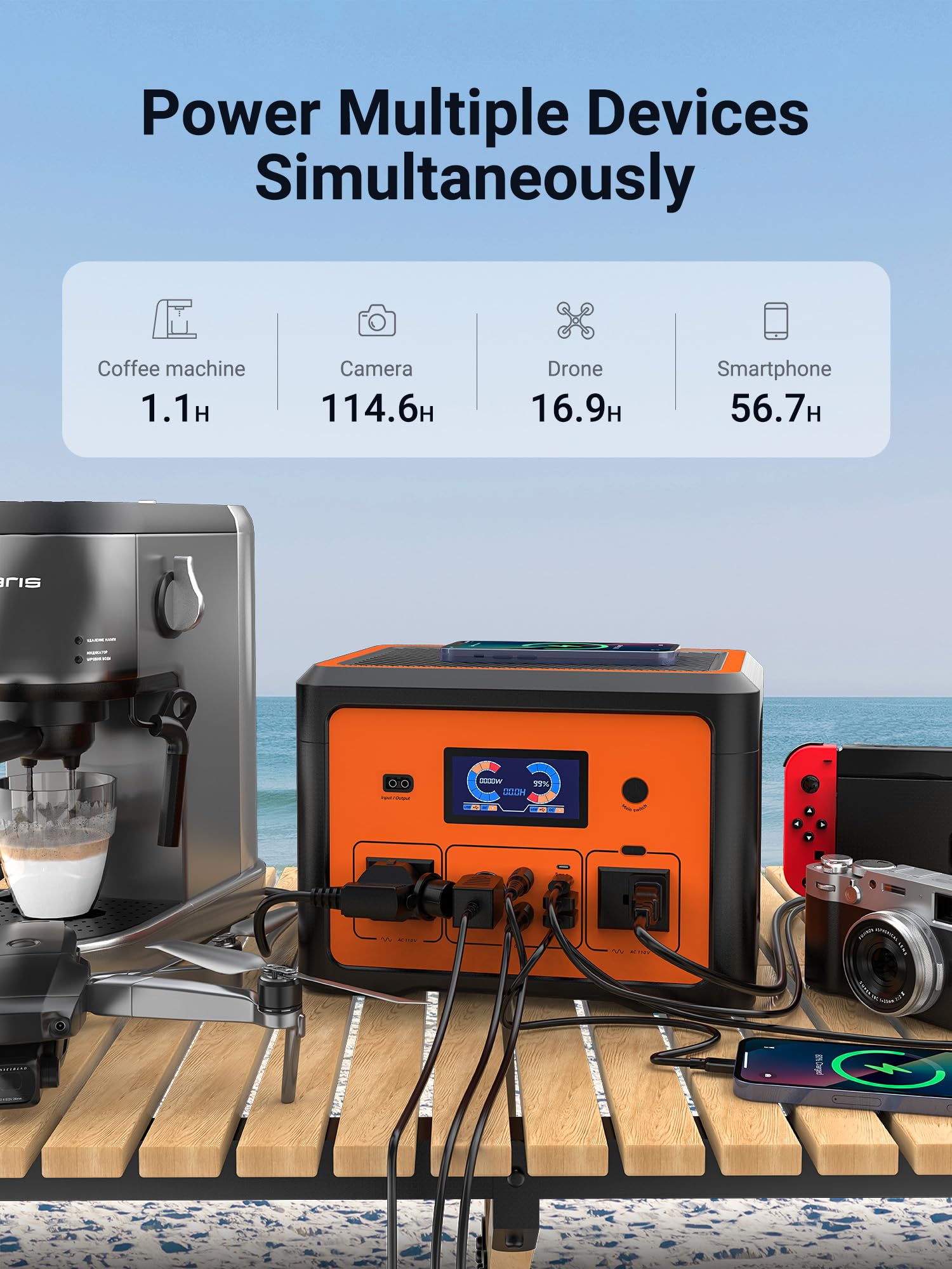 665.6Wh Portable Power Station with 1800W Peak - Solar Generator with UPS Battery Backup, Surge Protector & 10 Outlets - Bluetooth Speaker & LED Lights - Ideal for Home Backup, Camping, RV Travel, CPAP Machines & Outdoor Adventures