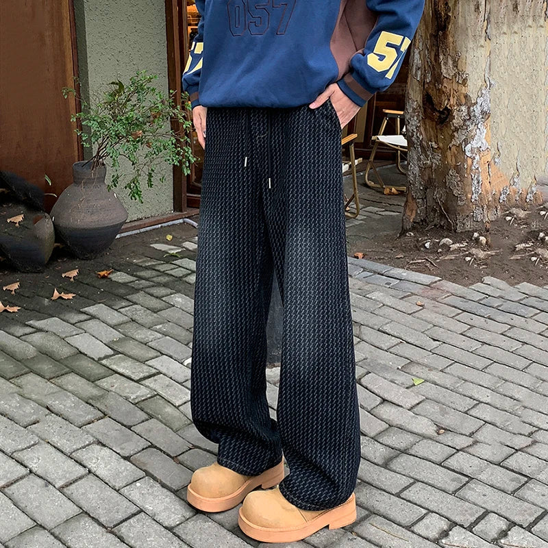 Men's Washed Denim Jeans - Straight Wide Leg Loose Fit Casual Pants with Drawstring & Printing | Spring Collection | Perfect for Everyday Wear, Street Style & Casual Outings