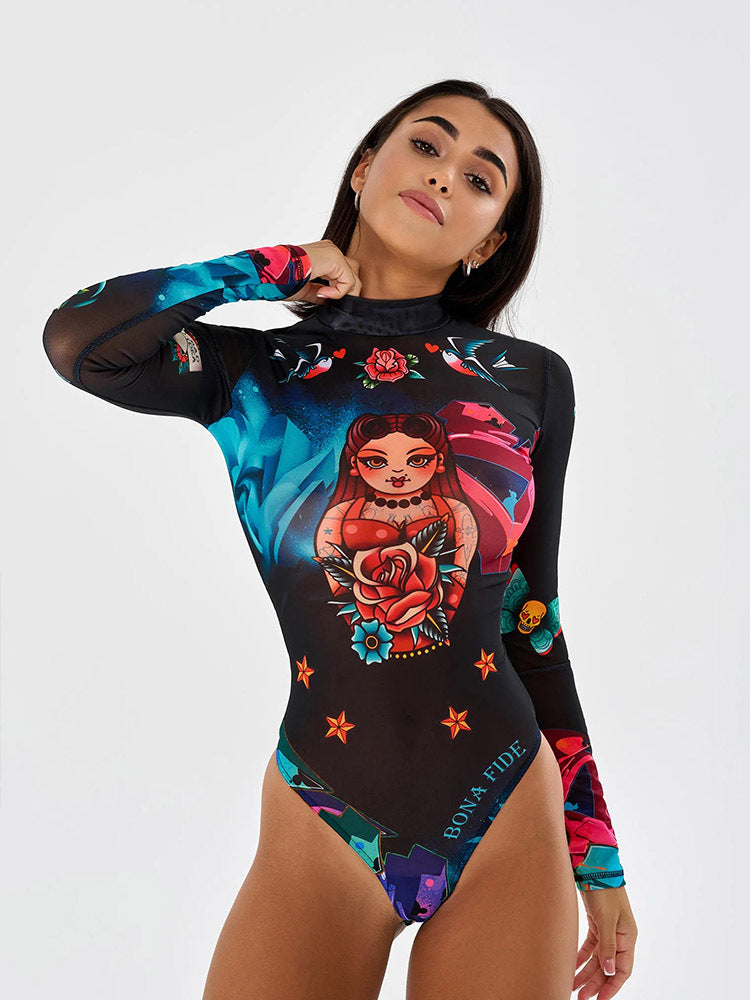 ZASUWA Women's Unique Halloween Print Bodysuit - Sexy Costume Top for Halloween Parties, Cosplay & Nightclub Outfits
