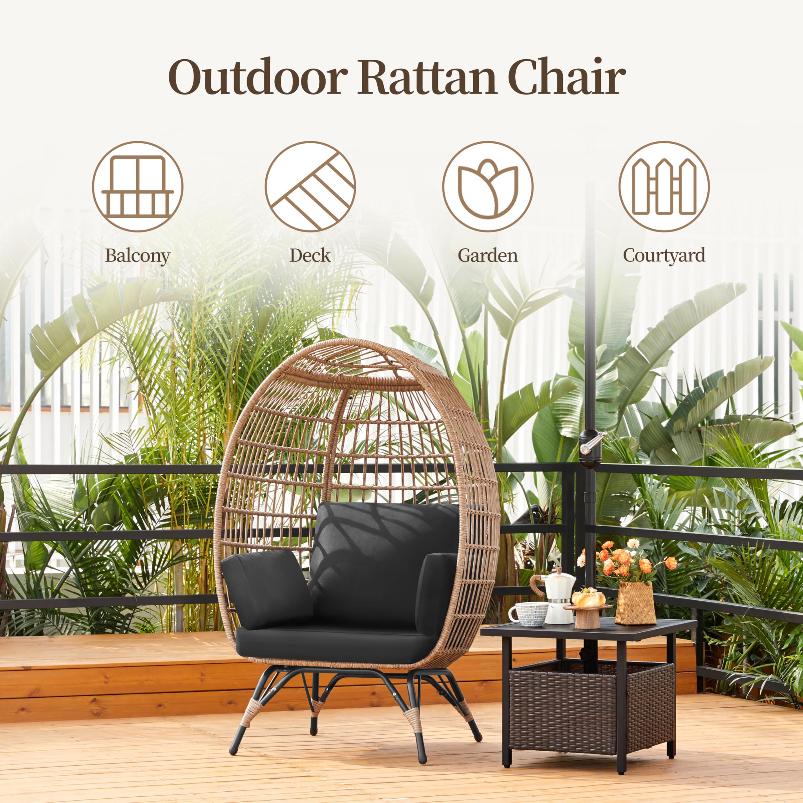 Yaheetech Oversized Egg Rattan Chair - Indoor/Outdoor PE Wicker Hanging Basket Lounger with 4 Cushions & Metal Stand for Patio, Balcony, Backyard, Living Room - Light Brown/Black - Perfect for Relaxing, Reading & Sunbathing