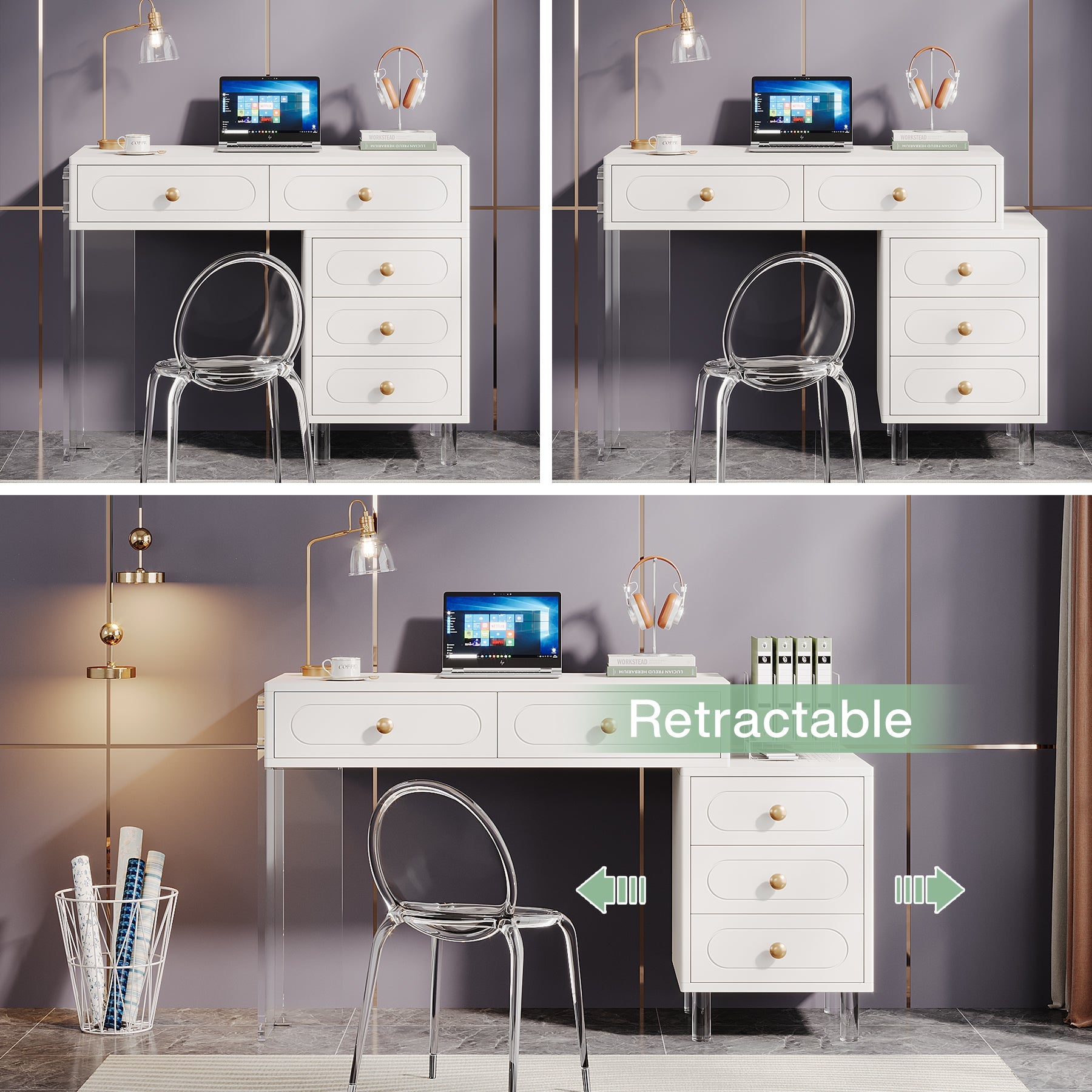 5 Drawer Modern Computer Desk with Transparent Acrylic Base & Sturdy Legs - Home Office Workstation for Small Spaces, Gaming Setup & Study Room Organization