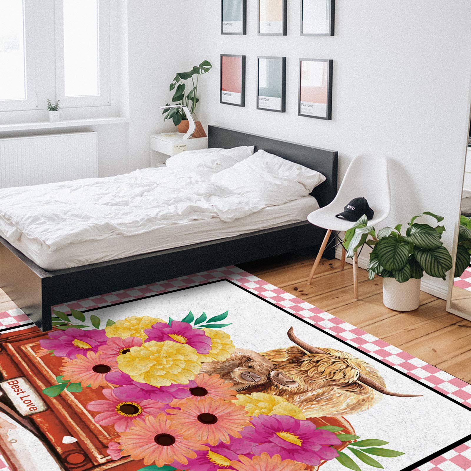 4'x7' Washable Area Runner Rug - Happy Mother's Day Floral Design for Indoor/Outdoor Use in Kitchen, Living Room, Bathroom, Bedroom, Classroom & Laundry Room - Farm Animal Cow Pink Buffalo Check Border Decor Rug