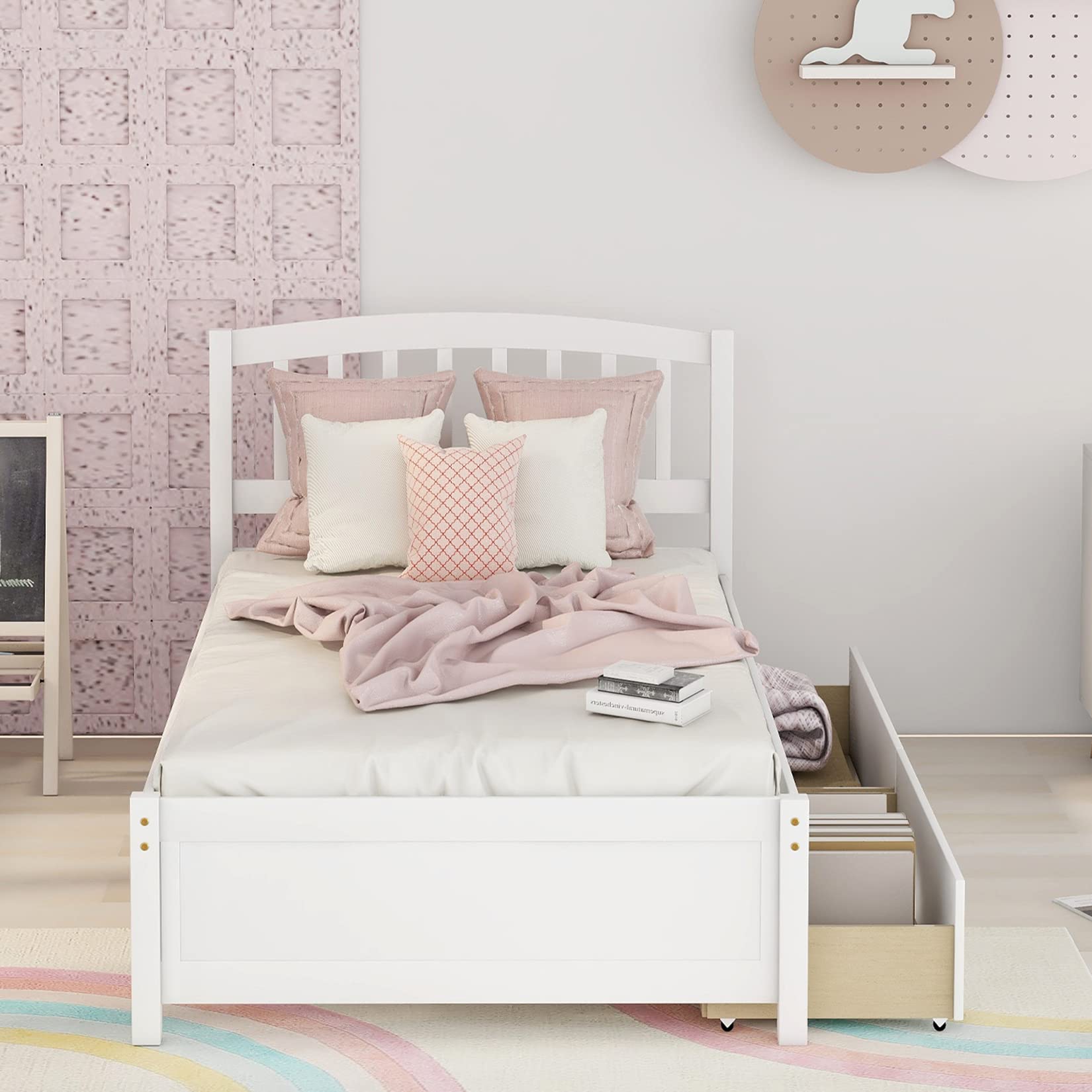 **Twin Size Solid Wood Platform Storage Bed with Headboard & 2 Drawers - White - Perfect for Kids' Room, Guest Bedroom, or Small Space Furniture**