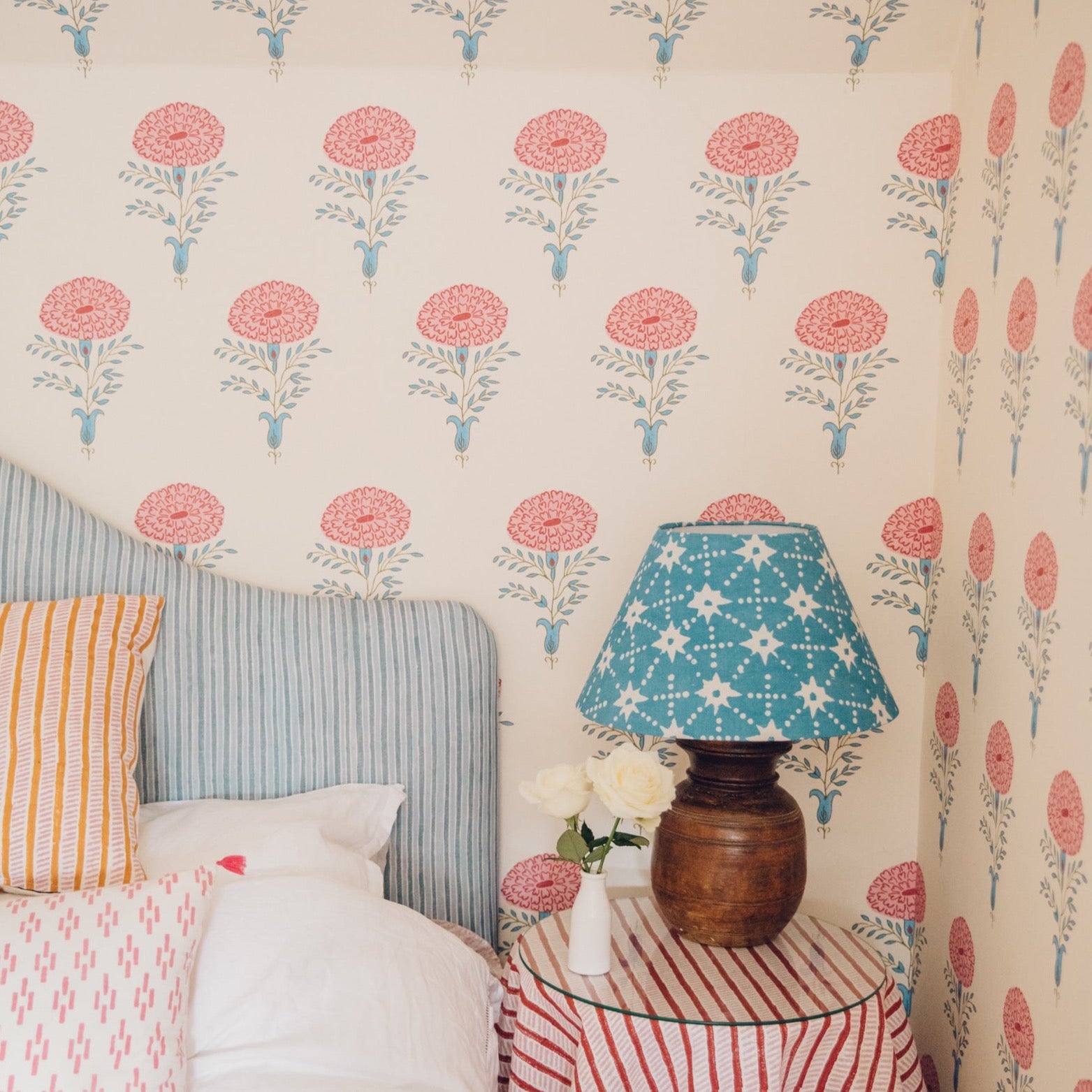 Marigold Wallpaper Pink and Blue - Floral Peel and Stick Wallpaper for Bedroom, Living Room, Nursery Decor
