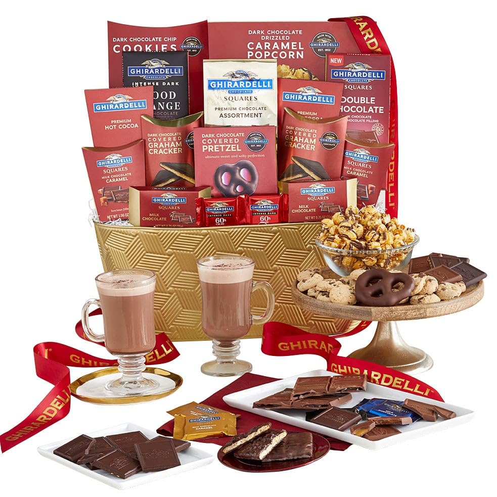Ghirardelli Chocolate Gift Basket - Assorted Premium Chocolates, Cookies & Cocoa Mix - Perfect Holiday, Birthday & Corporate Gift Idea - Classic Chocolate Chip Cookies, Gourmet Sweets & More in Elegant Red Ribbon Packaging