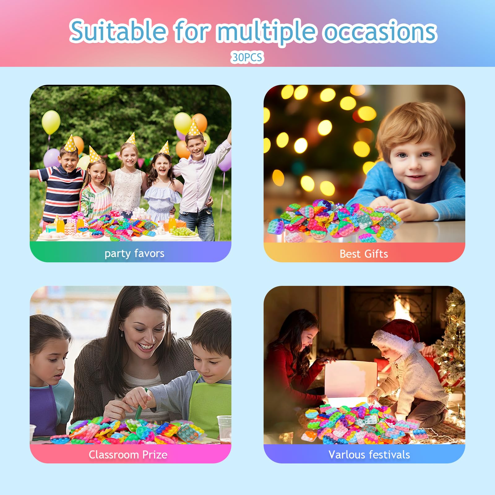 30PCS Bulk Fidget Toys for Kids & Adults - Stress Relief Party Favors, Classroom Prizes, Goodie Bag Stuffers, Treasure Chest Fillers, Bubbles Poppers - Perfect for Birthdays, School Events, and Office Breaks