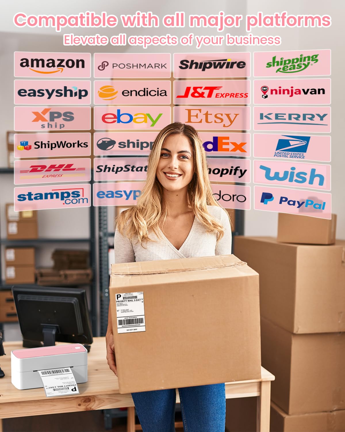 Phomemo 241BT 4x6 Bluetooth Thermal Label Printer for Shipping, Business & E-commerce – Compatible with UPS, Amazon, DHL, Shopify, eBay – Perfect for Warehouse, Retail & Home Office Use – Pink
