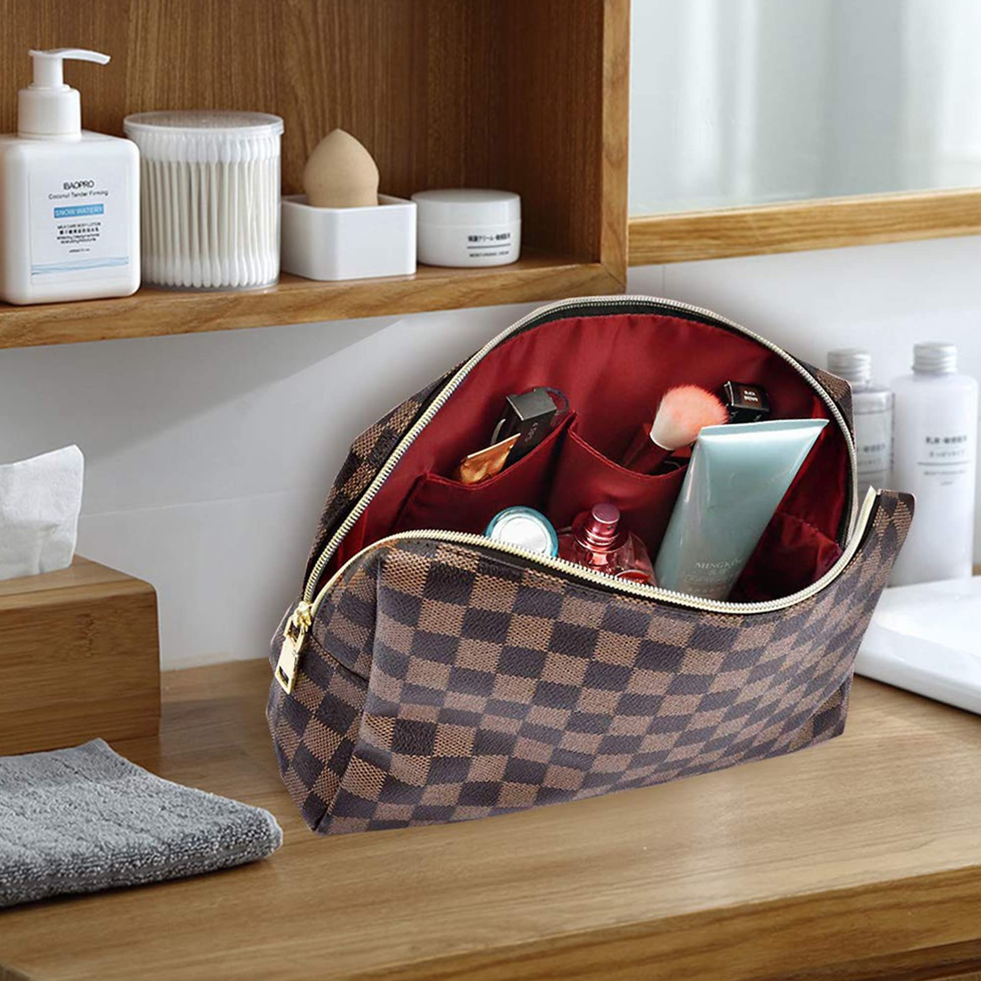 Stylish Leather Checkered Makeup Bag 2-Pack - Large Capacity Waterproof Cosmetic Organizer for Women | Travel Toiletry Case, Christmas Gift Idea for Makeup Lovers (Perfect for Air Travel, Gym Essentials & Daily Beauty Storage)