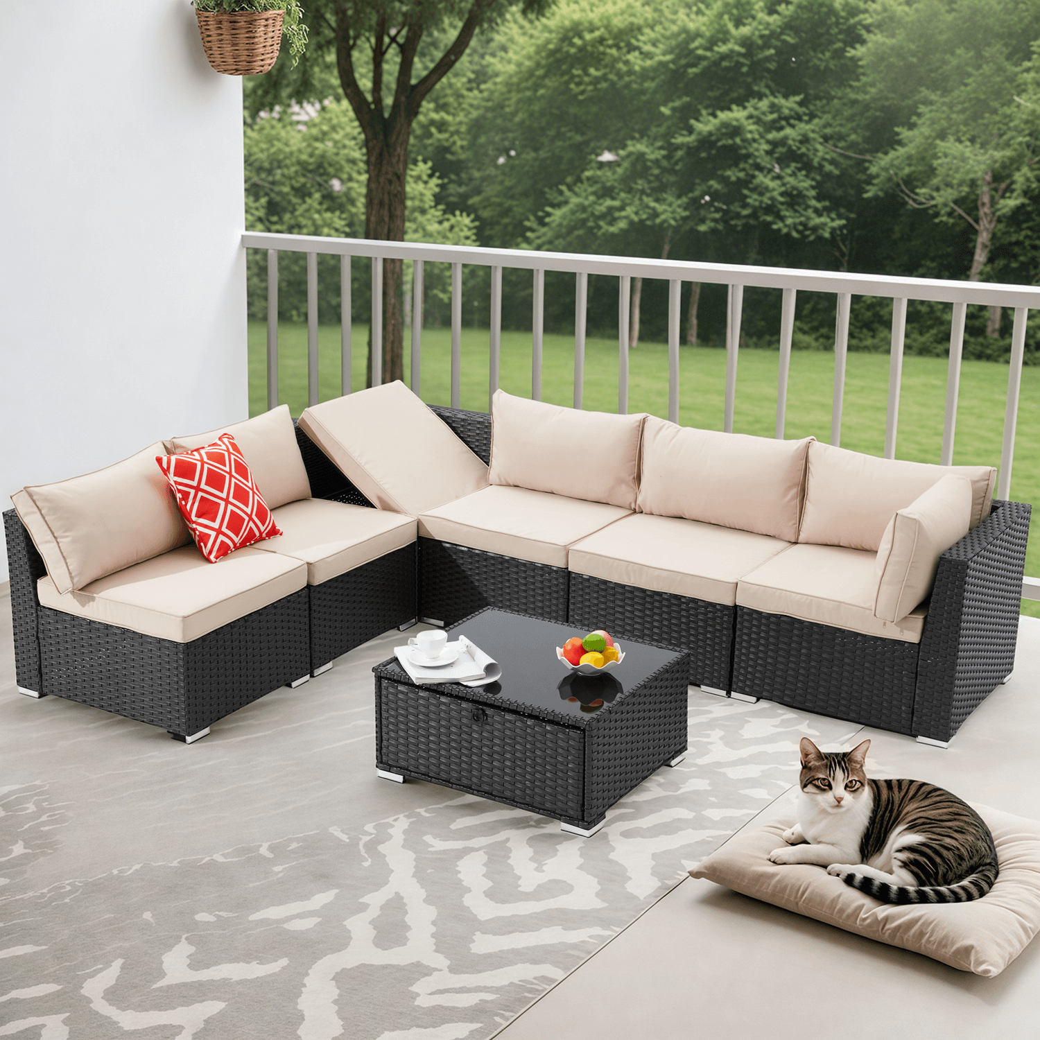 EROMMY 7-Piece Outdoor Patio Furniture Set with Storage Table, Weather-Resistant Cushions & Throw Pillows in Khaki - Perfect for Backyard, Garden, Poolside or Balcony Relaxation