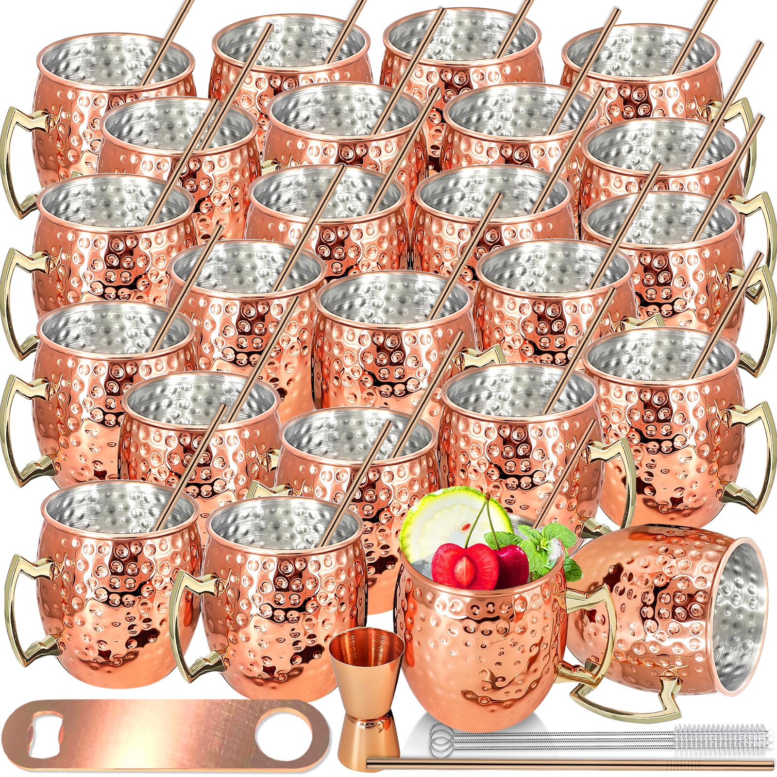 24-Pack Moscow Mule Copper Mugs Set - 18oz Hammered Stainless Steel Cups with Handle, Includes 1pc 0.5oz Double Jigger & 24 Stainless Steel Straws - Perfect for Cocktails, Cold Drinks & Party Serving