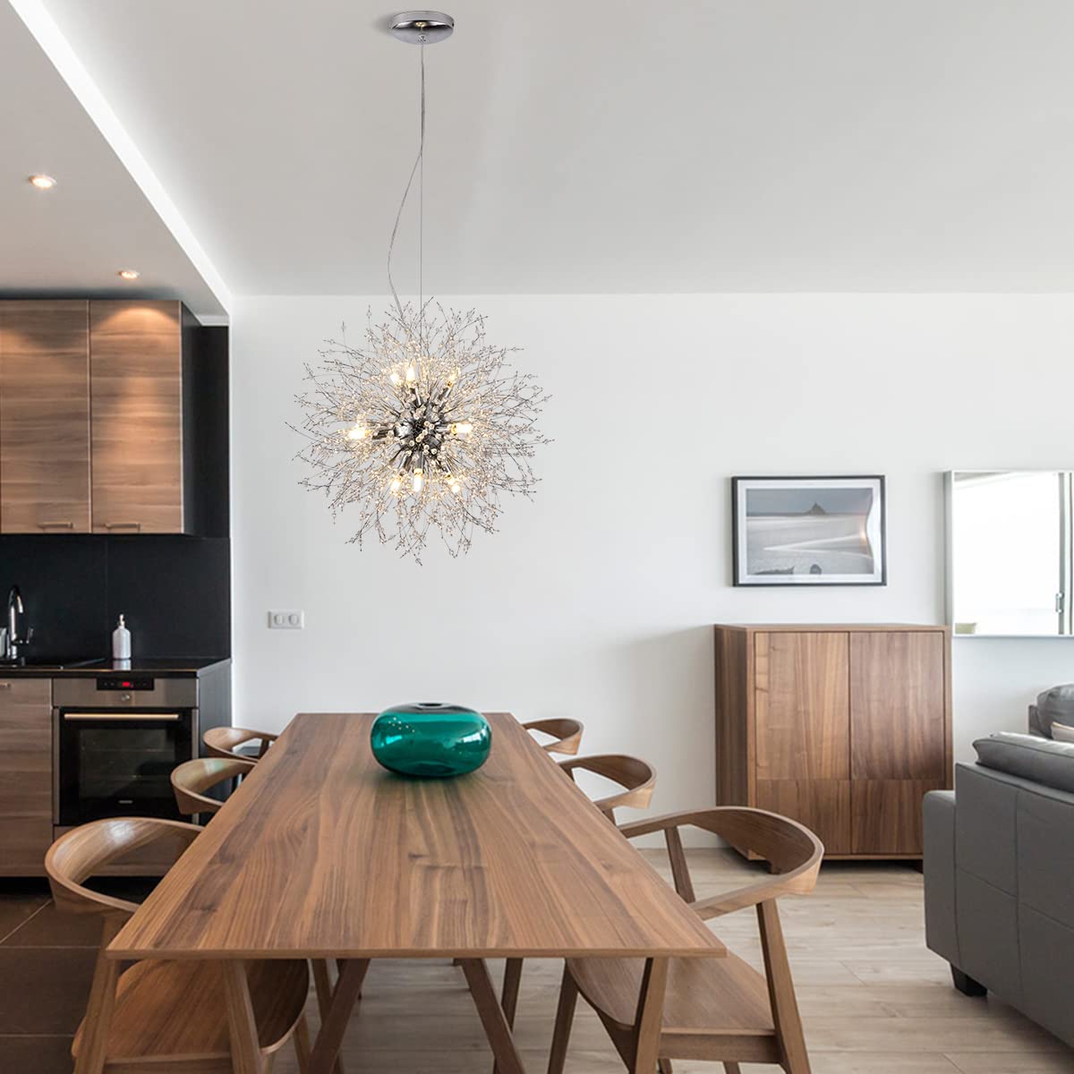 9-Light Stainless Steel Dandelion Chandelier - Modern Sputnik Pendant Lighting Fixture in Chrome Finish (19.6