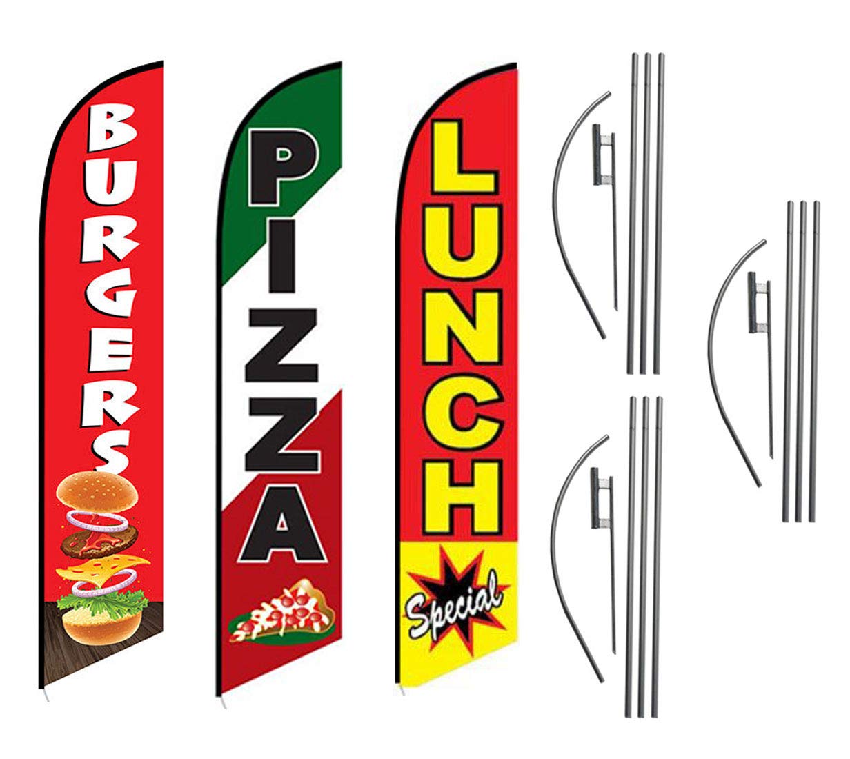 FFN Burgers, Pizza & Lunch Special - Outdoor Advertising Feather Swooper Banner Flag Kit with Ground Stake & Flagpole - Perfect for Pizzerias, Restaurants, and Food Trucks - Ideal for Grand Openings, Promotions & Street Marketing