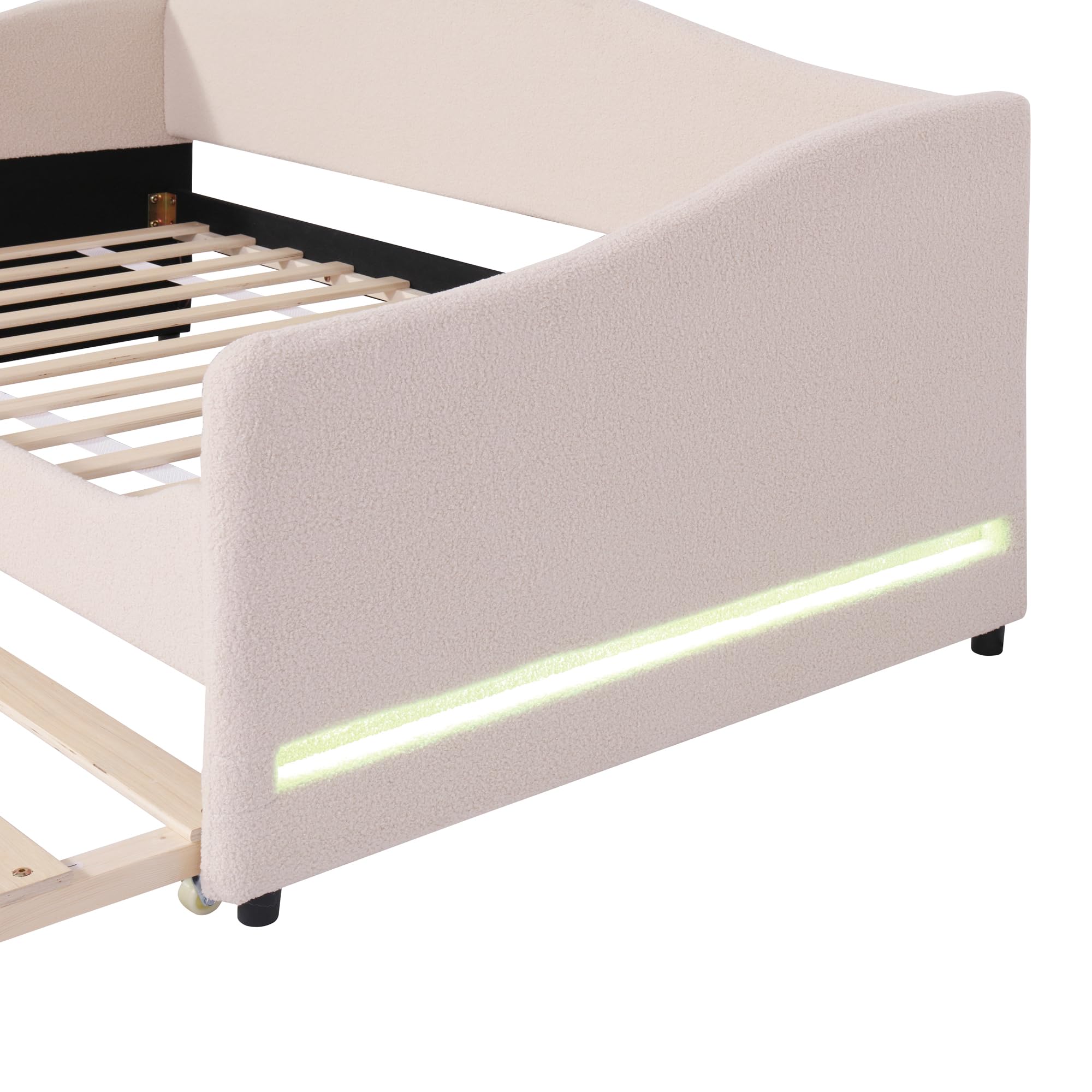 MERITLINE Twin Size Upholstered Daybed with Trundle and LED Lights - Teddy Fleece Sofa Bed Frame with Wooden Trundle - Convertible Sleeper for Bedroom, Living Room, Guest Room - Beige Modern Furniture for Small Spaces & Sleepovers