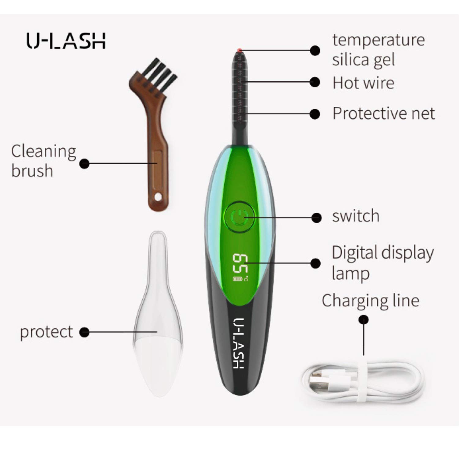 U-LASH Electric Eyelash Curler for Women - USB Rechargeable with LED Display, Fast & Natural Lash Curling, Waterproof Mascara-Friendly - Perfect for Daily Makeup, Parties & Special Occasions (Green)